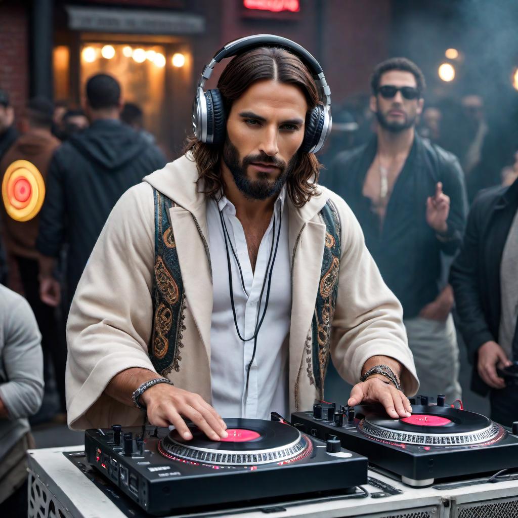  Jesus depicted as a modern DJ from Bushwick, NYC, wearing trendy DJ attire, headphones around his neck, with turntables, in a hip and urban background. His style should be distinctively cool and he should embody a mix of classical and contemporary urban culture. hyperrealistic, full body, detailed clothing, highly detailed, cinematic lighting, stunningly beautiful, intricate, sharp focus, f/1. 8, 85mm, (centered image composition), (professionally color graded), ((bright soft diffused light)), volumetric fog, trending on instagram, trending on tumblr, HDR 4K, 8K