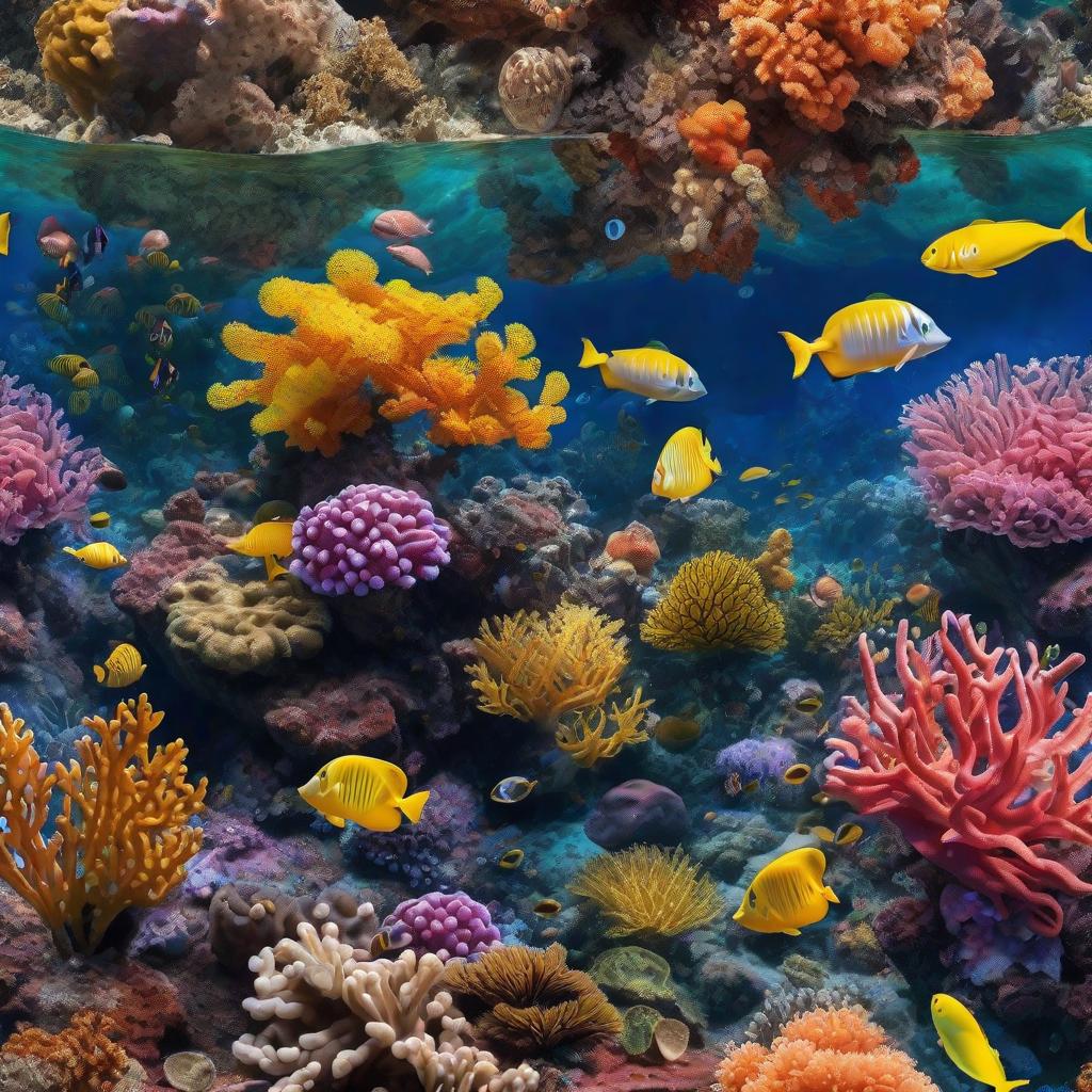  masterpiece, best quality, beautiful deep sea full of corals, diverse marine life and fascinating underwater landscapes with corals, appendages, small fish, anemones, dolphins, various algae, caves, colorful, 8k resolution and intricate detail