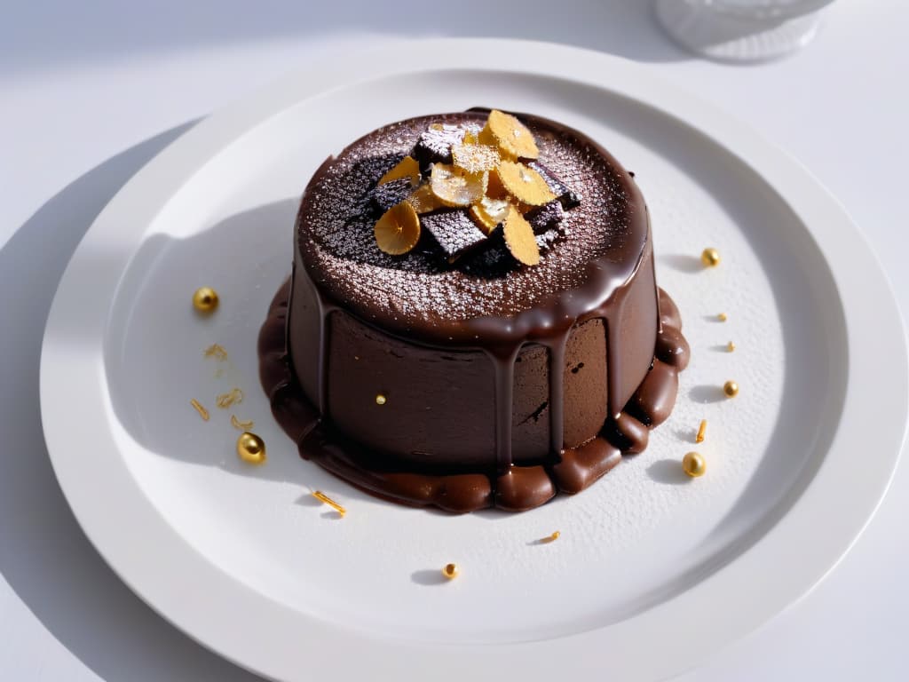  An ultradetailed image of a decadent chocolate lava cake with a glossy exterior, dusted with a delicate sprinkle of edible gold flakes, resting on a modern, sleek plate against a stark white background. The cake oozes velvety molten chocolate from its center, creating a sensorial feast for the eyes. The lighting is soft, emphasizing the richness and indulgence of the dessert, while the minimalist composition highlights the intricate textures and contrasts, making it a visually captivating representation of a multisensorial treat. hyperrealistic, full body, detailed clothing, highly detailed, cinematic lighting, stunningly beautiful, intricate, sharp focus, f/1. 8, 85mm, (centered image composition), (professionally color graded), ((bright soft diffused light)), volumetric fog, trending on instagram, trending on tumblr, HDR 4K, 8K