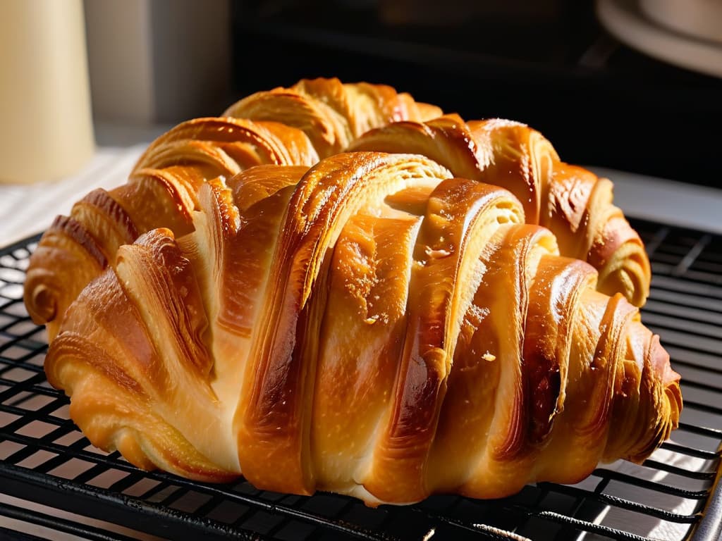  An ultradetailed closeup image of a perfectly goldenbrown, flaky croissant fresh out of the oven, placed on a sleek, matte black cooling rack. The layers of the croissant are visible, showcasing the expertly crafted pastry work. Wisps of steam rise delicately from the warm pastry, adding a sense of freshness and warmth to the scene. The background is softly blurred to keep the focus solely on the intricate textures and colors of the croissant. This minimalistic image captures the essence of artisanal baking and the attention to detail that goes into creating a perfect pastry. hyperrealistic, full body, detailed clothing, highly detailed, cinematic lighting, stunningly beautiful, intricate, sharp focus, f/1. 8, 85mm, (centered image composition), (professionally color graded), ((bright soft diffused light)), volumetric fog, trending on instagram, trending on tumblr, HDR 4K, 8K