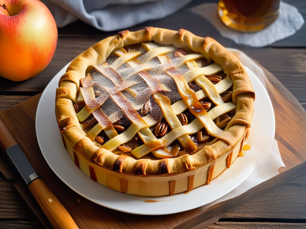  A closeup, ultradetailed image of a perfectly golden and flaky glutenfree apple pie, topped with a delicate lattice crust and a sprinkle of cinnamon, resting on a rustic wooden table with a light drizzle of caramel sauce cascading down the sides. hyperrealistic, full body, detailed clothing, highly detailed, cinematic lighting, stunningly beautiful, intricate, sharp focus, f/1. 8, 85mm, (centered image composition), (professionally color graded), ((bright soft diffused light)), volumetric fog, trending on instagram, trending on tumblr, HDR 4K, 8K