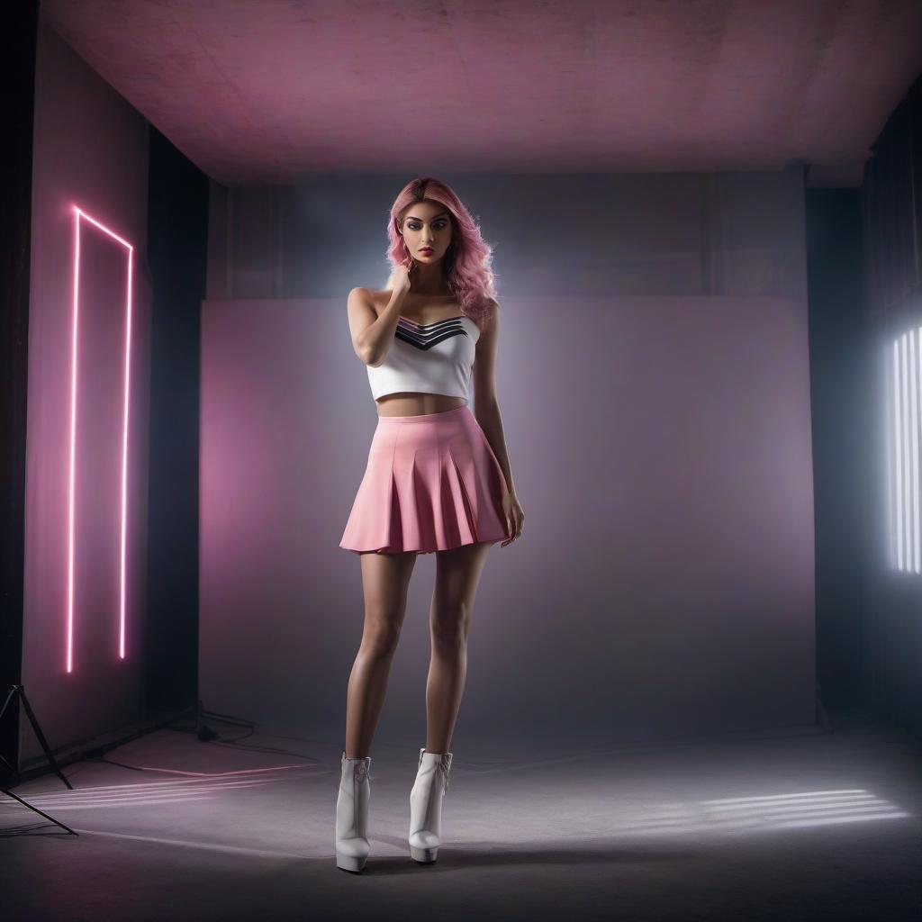  A girl in a dark room wearing a pink miniskirt has a beautiful makeup with black eyeliner arrows on her eyes. hyperrealistic, full body, detailed clothing, highly detailed, cinematic lighting, stunningly beautiful, intricate, sharp focus, f/1. 8, 85mm, (centered image composition), (professionally color graded), ((bright soft diffused light)), volumetric fog, trending on instagram, trending on tumblr, HDR 4K, 8K