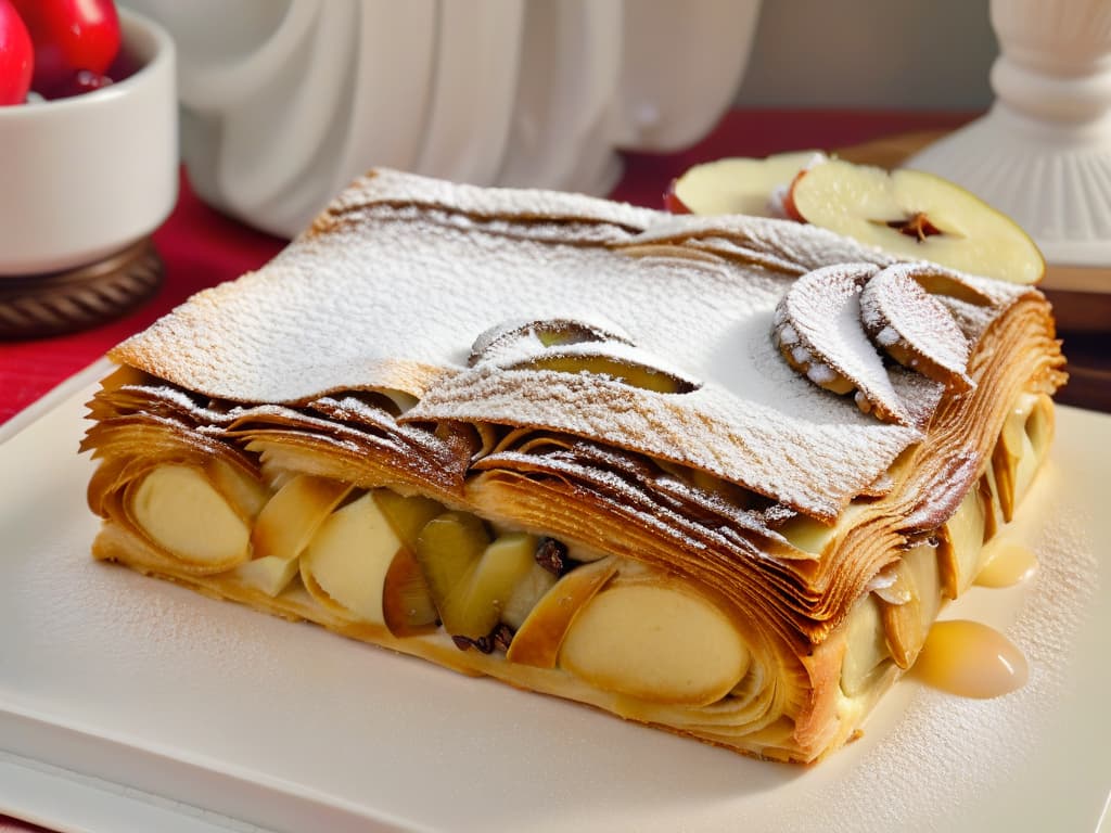  An ultradetailed closeup image of a freshly baked traditional apple strudel, showcasing layers of flaky pastry enveloping a generous filling of spiced apples, raisins, and cinnamon. The goldenbrown crust glistens with a light sugar glaze, while a sprinkle of powdered sugar on top adds a delicate finishing touch. The image captures the warmth and aroma of this iconic Austrian pastry, inviting viewers to savor the rich cultural heritage and culinary artistry behind the classic strudel de manzana. hyperrealistic, full body, detailed clothing, highly detailed, cinematic lighting, stunningly beautiful, intricate, sharp focus, f/1. 8, 85mm, (centered image composition), (professionally color graded), ((bright soft diffused light)), volumetric fog, trending on instagram, trending on tumblr, HDR 4K, 8K