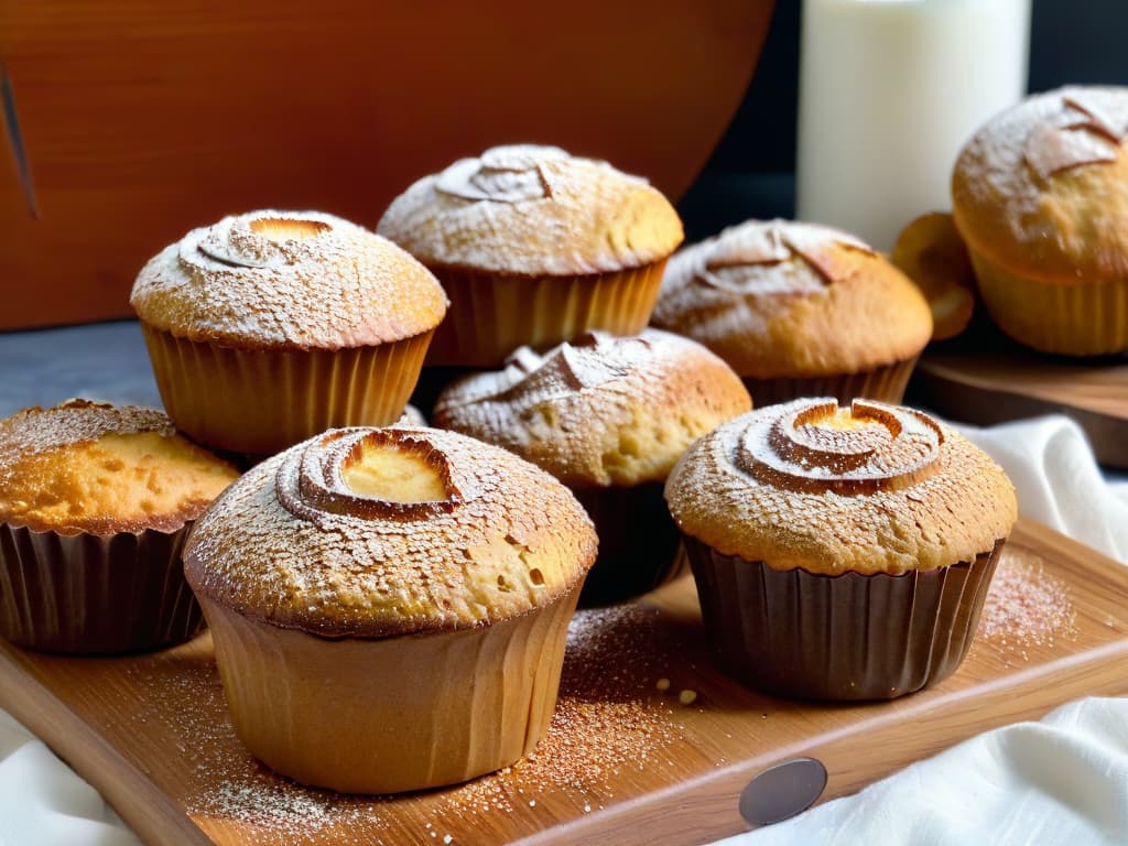  A closeup, ultradetailed image of freshly baked Magdalenas Saludables con Semillas de Lino, showcasing the goldenbrown exterior with visible specks of nutritious flaxseed, sitting on a rustic wooden table with a subtle dusting of powdered sugar. The texture of the muffin top is perfectly highlighted, with a slight crack revealing the fluffy interior teeming with nutritious goodness. The play of light and shadows accentuates the minimalistic presentation, exuding an aura of healthy indulgence and culinary mastery. hyperrealistic, full body, detailed clothing, highly detailed, cinematic lighting, stunningly beautiful, intricate, sharp focus, f/1. 8, 85mm, (centered image composition), (professionally color graded), ((bright soft diffused light)), volumetric fog, trending on instagram, trending on tumblr, HDR 4K, 8K