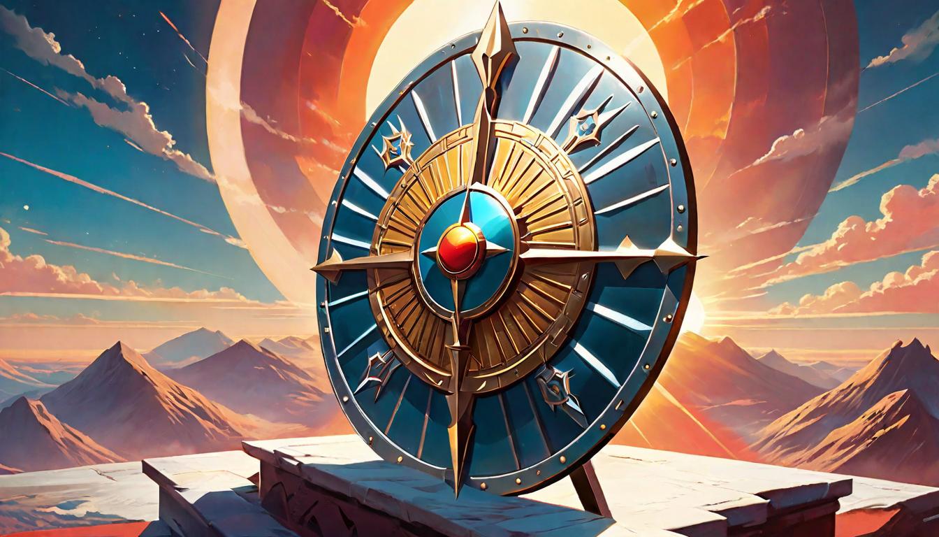  retro futuristic An ancient, intricately carved shield paired with a gleaming sword, positioned against a backdrop of a rising sun, symbolizing resilience, dawn of hope, gleam of strength, shadows cast long and purposeful lvintage sci fi, 50s and 60s style, atomic age, vibrant, highly detailed