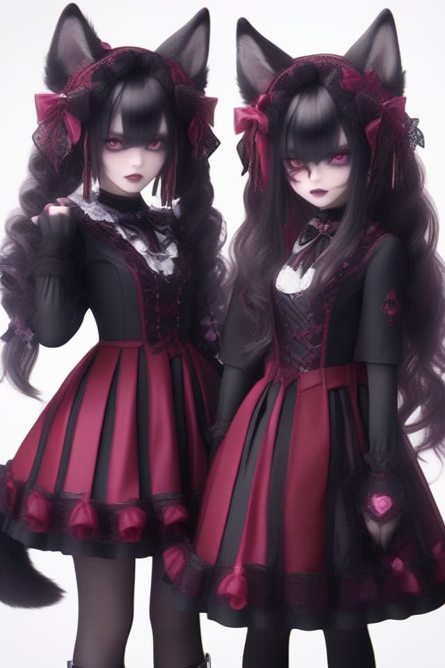  Masterpiece,beast ears,wolf beastman,beautiful twin sisters,very close,gothic lolita fashion,high quality,8k