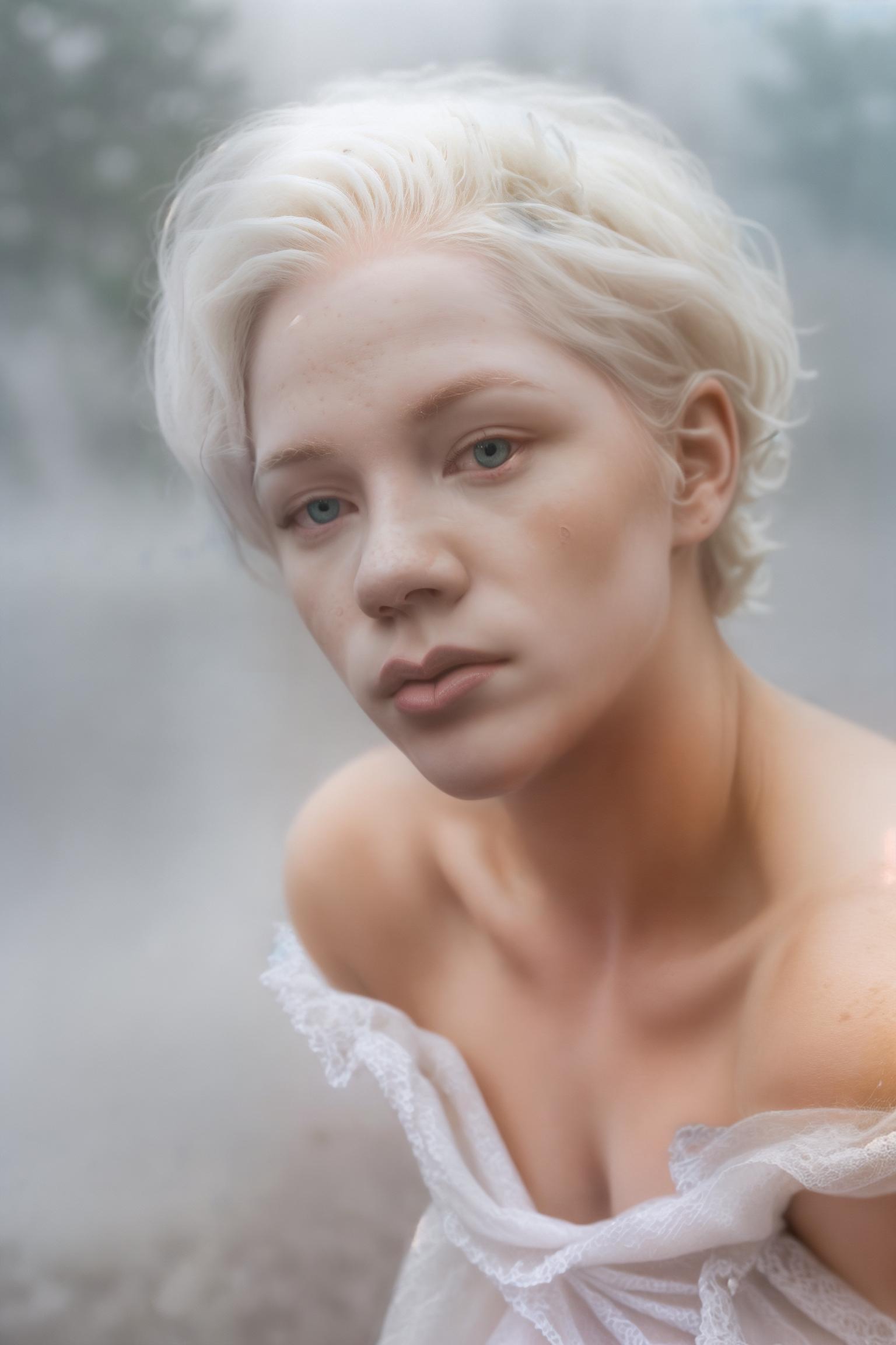  speedpainting Speedpainting, (Dark Fantasy Aesthetic:1.2), (Glamour:1.3) photo of a 20yo, (strikingly beautiful:1.2) vivacious, enigmatic, ethereal, (albino:1.3) (nymph:1.3), (albinism:1.4), Lengthened Rectangular Face with Noticeable Jaw and Cheekbones, Clean, Straight Eyebrows, Wide Set Close Set Eyes, Majestic Aquiline Nose, Full Lips, windswept (Fine) (stylish short white hair:1.3), (looking at viewer),(Ashen skin:1.3), (flawless skin:1.3), (shiny skin), diaphanous white dress, high neckline on dress, (foggy:1.4), (bathed in thick fog:1.4), (half obscured:1.3), (Close up:1.2), Dutch Angle), (dynamic composition:1.2), (shallow depth of field:1.2), bright lighting vibrant, ((masterpiece)), ((Realistic Vision)),((fine details)), RAW, 8K, U