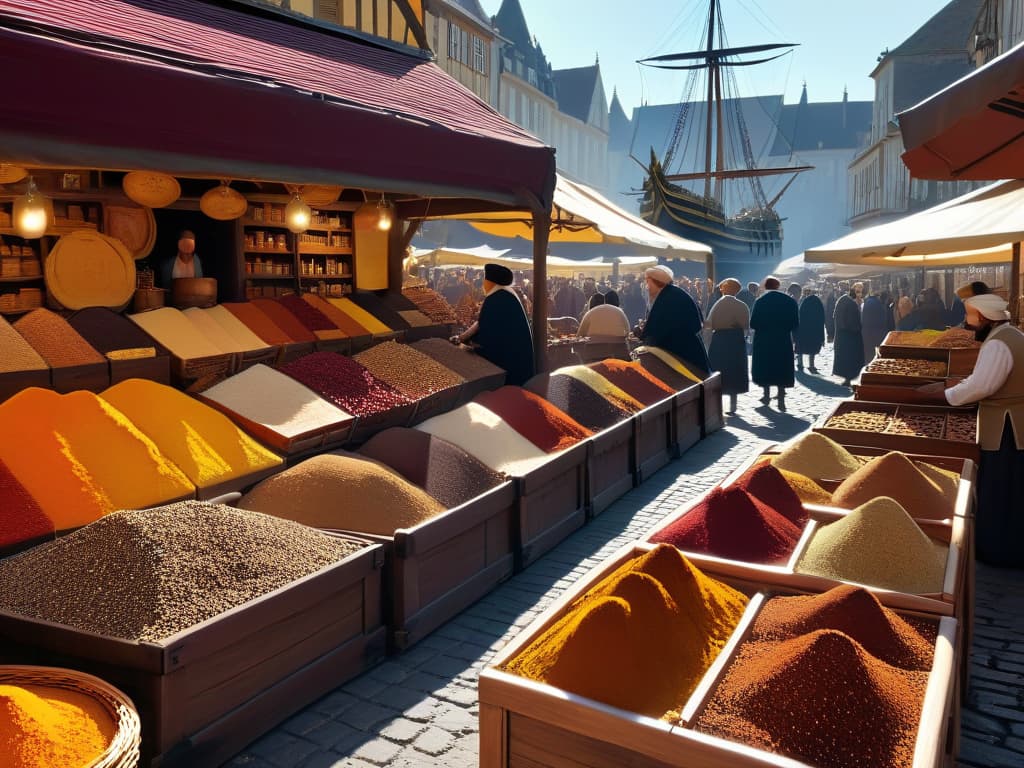  An intricate, highresolution image showcasing a bustling medieval European marketplace filled with colorful stalls overflowing with exotic spices like cinnamon, cloves, and nutmeg. Merchants in traditional attire are engaged in animated conversations with customers, while in the background, a grand ship can be seen unloading crates of spices from distant lands. The scene exudes a sense of historical significance and the vibrant trade that shaped the flavors of European pastries in the 15th and 16th centuries. hyperrealistic, full body, detailed clothing, highly detailed, cinematic lighting, stunningly beautiful, intricate, sharp focus, f/1. 8, 85mm, (centered image composition), (professionally color graded), ((bright soft diffused light)), volumetric fog, trending on instagram, trending on tumblr, HDR 4K, 8K