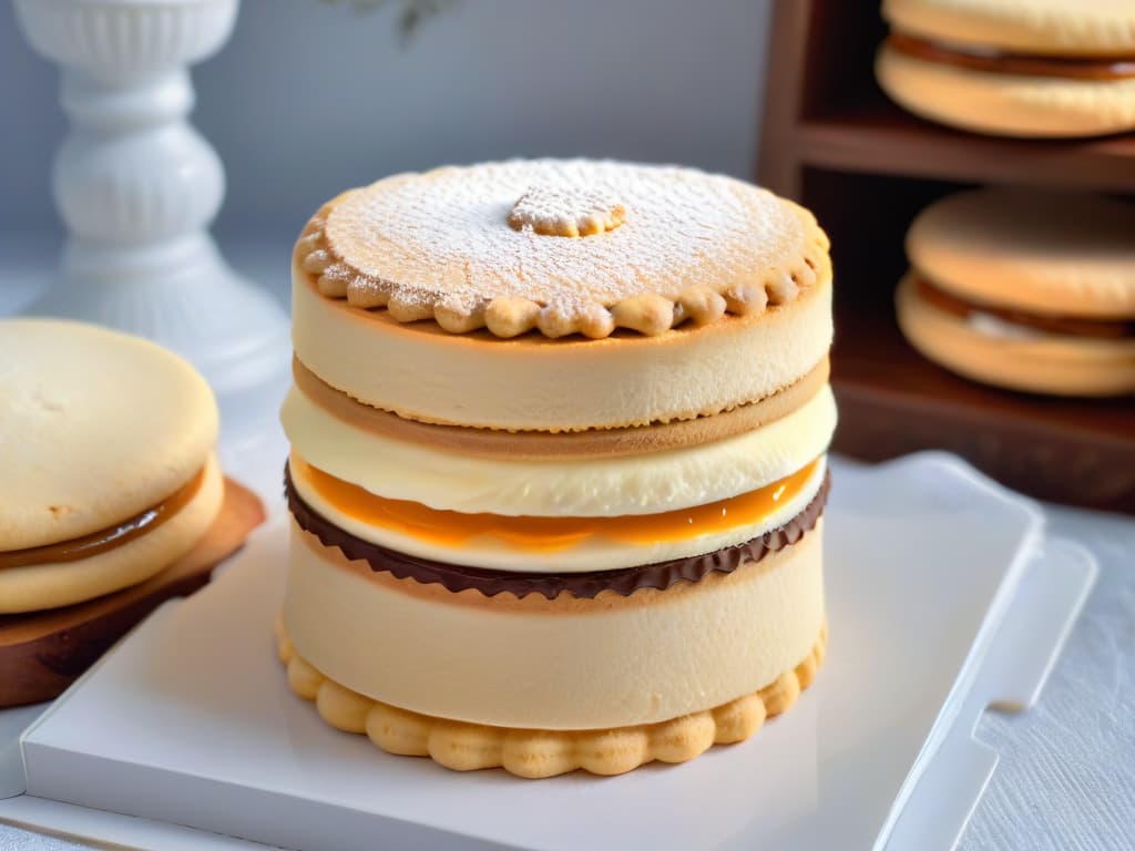  A closeup, ultradetailed image of a perfectly layered alfajor, showcasing the delicate texture of the shortbread cookies and the rich dulce de leche filling. The crumbly edges of the cookie glisten slightly under a soft, natural light, highlighting the precision and care put into crafting this traditional South American treat. hyperrealistic, full body, detailed clothing, highly detailed, cinematic lighting, stunningly beautiful, intricate, sharp focus, f/1. 8, 85mm, (centered image composition), (professionally color graded), ((bright soft diffused light)), volumetric fog, trending on instagram, trending on tumblr, HDR 4K, 8K