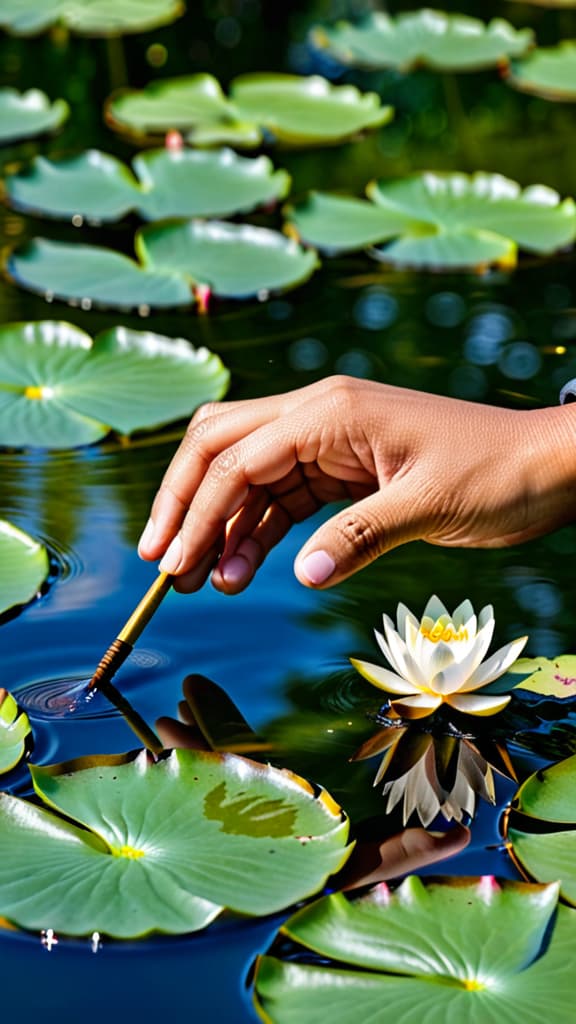  Extreme close-up, jade lute strings under Emperor's fingers, causing ripples in nearby pond, Strings taut, fingers in motion, Strumming, ripples expanding, Tranquil pond with lotus flowers, Ancient China, Focus on strings, water ripples, Macro close-up, Daylight highlighting action, bright day, by Photographer Ruben Wu Style
