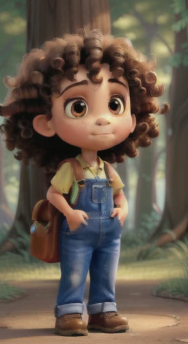  {The tree shining brightly and releasing a gentle, magical light., Riley, a curious with big brown eyes and curly hair, wearing overalls and carrying a small backpack. Their friend, Skye, a bluebird with shiny feathers.