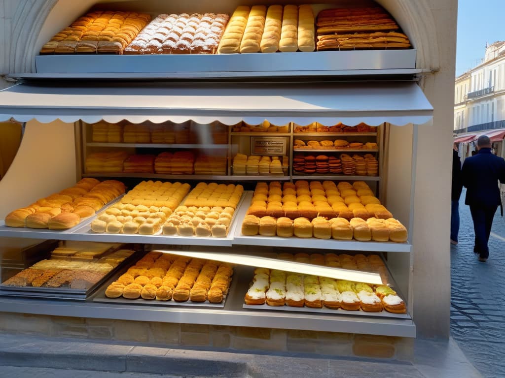  A photorealistic image of a traditional Greek bakery filled with an array of delicious pastries such as baklava, kataifi, and loukoumades. The shop is bustling with customers, some sitting at tables enjoying their desserts while others are lined up at the counter making their selections. The warm golden glow of the interior lights highlights the intricate details of the pastries, showcasing the craftsmanship and artistry that goes into creating these sweet treats. Outside the bakery, a charming cobblestone street lined with colorful flowers adds to the inviting and authentic Greek atmosphere. hyperrealistic, full body, detailed clothing, highly detailed, cinematic lighting, stunningly beautiful, intricate, sharp focus, f/1. 8, 85mm, (centered image composition), (professionally color graded), ((bright soft diffused light)), volumetric fog, trending on instagram, trending on tumblr, HDR 4K, 8K