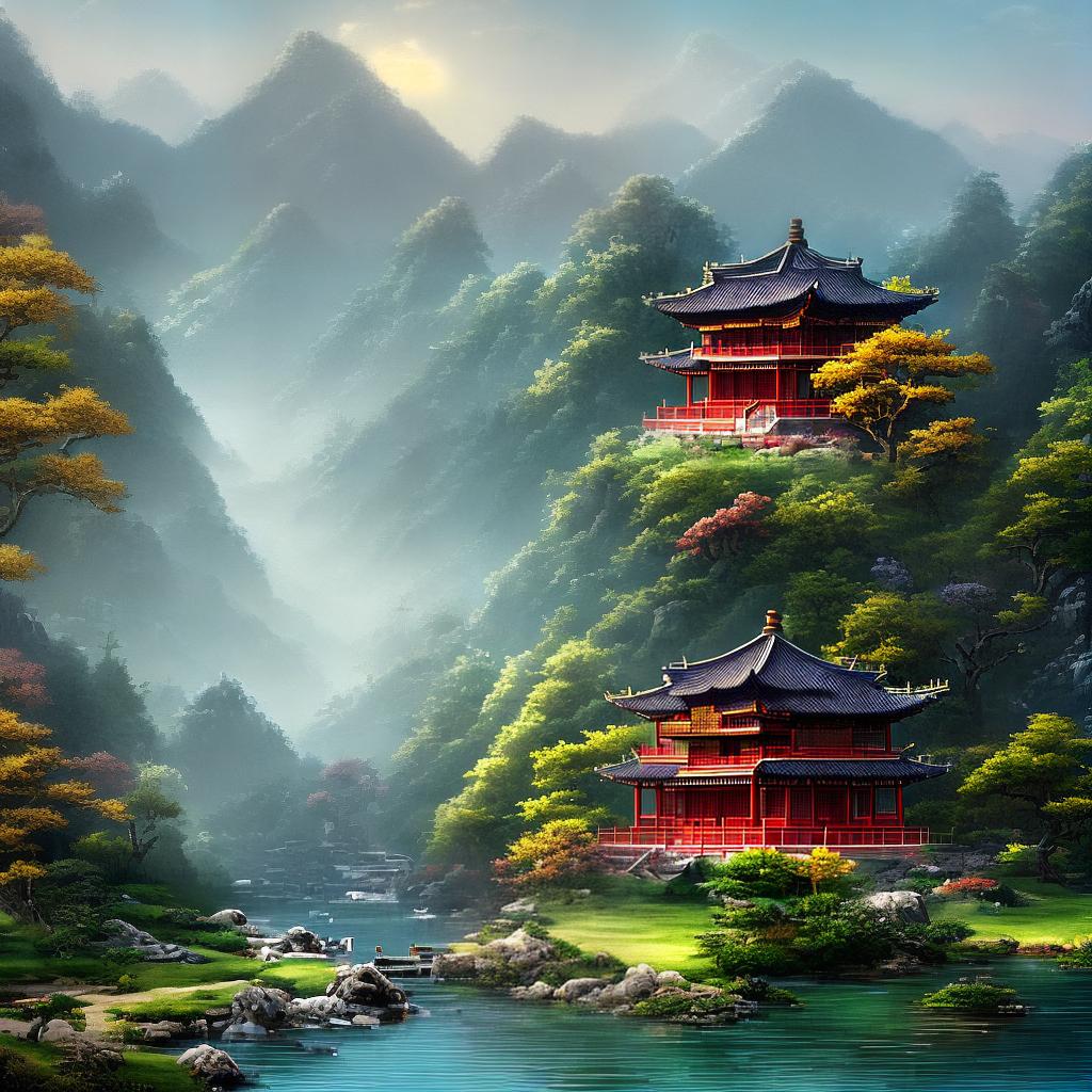 ((masterpiece)), (((best quality))), 8k, high detailed, ultra-detailed, A picturesque scene of a Chinese classical garden with a tranquil mountain backdrop, a meandering river, a charming small bridge, and traditional architecture. The style is reminiscent of the traditional Chinese ink wash painting style. The artist's name is unknown, but the artwork can be found on the website of a renowned art gallery. The resolution of the image is 7680 x 4320 pixels. The color palette includes shades of green, brown, and gray, with soft natural lighting creating a serene atmosphere. hyperrealistic, full body, detailed clothing, highly detailed, cinematic lighting, stunningly beautiful, intricate, sharp focus, f/1. 8, 85mm, (centered image composition), (professionally color graded), ((bright soft diffused light)), volumetric fog, trending on instagram, trending on tumblr, HDR 4K, 8K