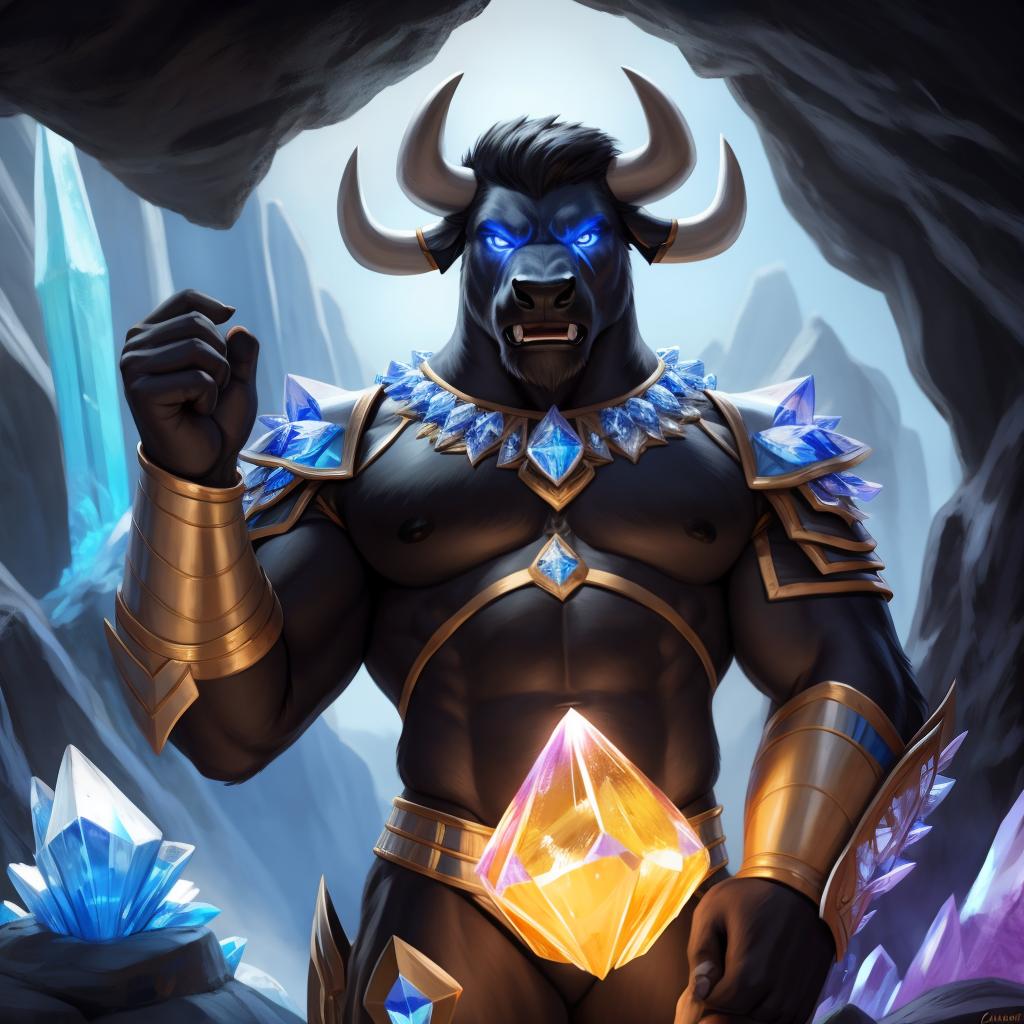  By chunie, by Meesh, 3d, portrait, full view, full body, detailed eyes, glowing eyes:2, sharp detail, masterpiece, crystallized blue horns, photorealistic:2, solo, anthro, male, black bull, scar on face, a black bull meditate in a large crystal cave(golden glowing crystal), casting a huge glowing earth spell:2, fighting, roaring, angry face:2, yelling, serious face:2, rage, enraged:2, sparkling crystal armor:2, surrounded by glowing crystals:2, glowing crystals in background:2, ultra detailed glowing crystals, ultra detailed sparkling crystal armor:2, sfw, thick body, muscular body, stare at the camera, open eyes, digital art, masterpiece, 4k, fine details,