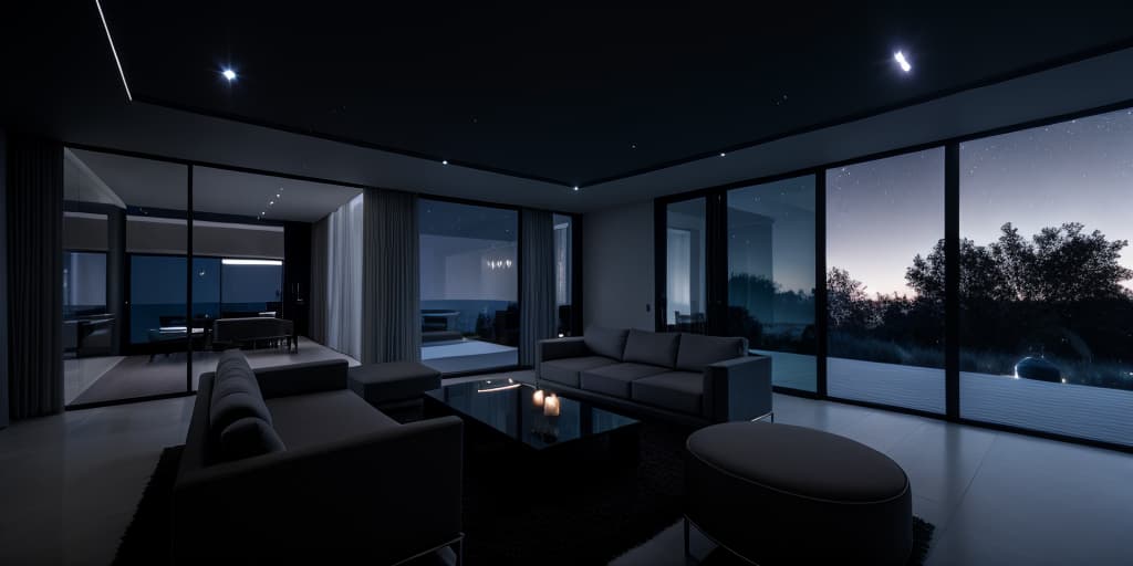  A high resolution photograph of a modern Living Room, hyper realistic, moonlit sky, starry background, artificial exterior lighting, illuminated windows, serene ambiance, subtle reflections, soft shadows, night time landscaping, clear night sky, captured with a high ISO setting, tranquil and mysterious atmosphere, detailed textures visible under moonlight, Modern villa