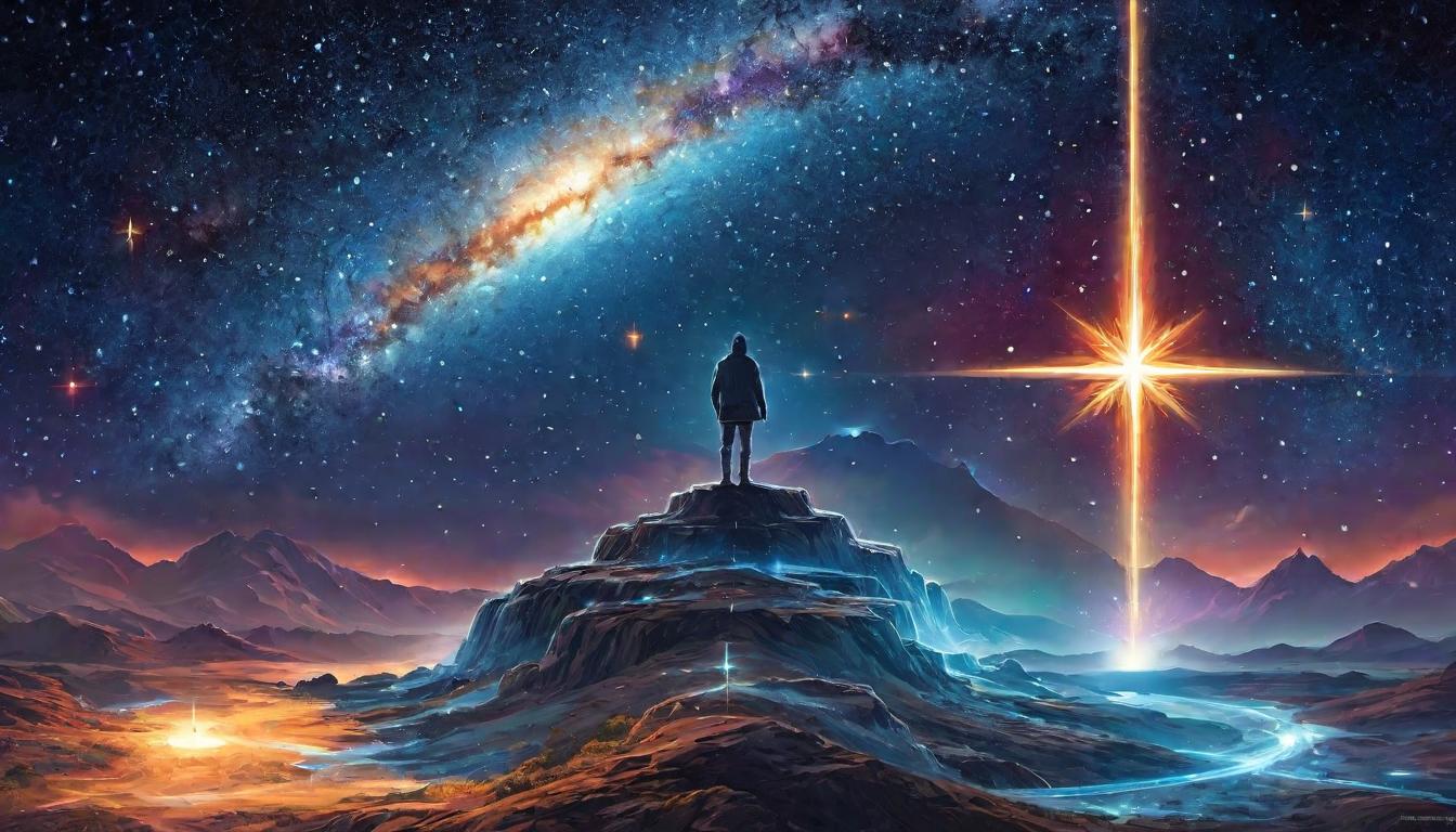  digital illustration A figure standing at a crossroads under a star filled sky, energies converging, purpose ignited, clarity in cosmic alignment, guidance, synchronicity in motion looking at viewer, dynamic pose, (intricate details, masterpiece, best quality)