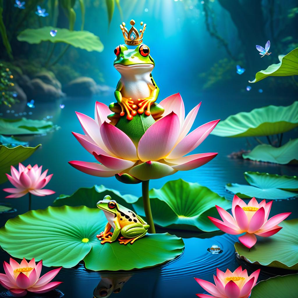  ethereal fantasy concept art of (Background): a lake with blooming lotuses of different shades: from white pink to bright crimson and leaves of tender green colour. The sky above the lake of dark blue colour with golden stars scattered on it. (Fantasy Princess Frog): in the centre of the lake on the biggest lotus flower sits a charming frog in a golden crown decorated with blue and blue precious stones. In his paws he holds a ring decorated with blue stones. Style: fantasy, Russian fairy tales, illustrations. . magnificent, celestial, ethereal, painterly, epic, majestic, magical, fantasy art, cover art, dreamy hyperrealistic, full body, detailed clothing, highly detailed, cinematic lighting, stunningly beautiful, intricate, sharp focus, f/1. 8, 85mm, (centered image composition), (professionally color graded), ((bright soft diffused light)), volumetric fog, trending on instagram, trending on tumblr, HDR 4K, 8K