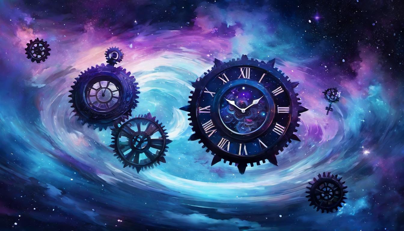  digital painting of A realm beyond time and space, clock gears floating in an abstract, cosmic void, stars and nebulae swirling, ethereal blue and purple hues, otherworldly, transcendence looking at viewer, dynamic pose, (intricate details, masterpiece, best quality)