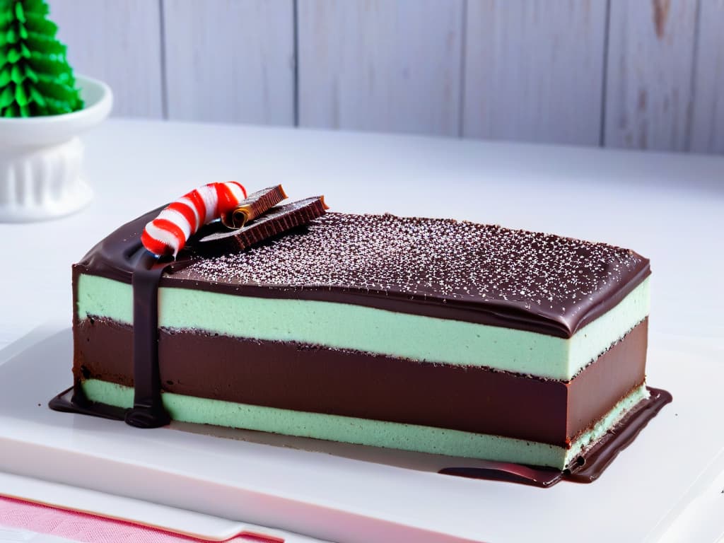  A closeup, ultradetailed image of a freshly sliced Peppermint Slice against a sleek, modern backdrop. The slice showcases distinct layers of rich chocolate, creamy mint filling, and a crisp base, all topped with a sprinkle of crushed candy cane for a pop of color and texture. The lighting highlights the glossy finish of the chocolate layer, making the dessert look irresistibly decadent and inviting. hyperrealistic, full body, detailed clothing, highly detailed, cinematic lighting, stunningly beautiful, intricate, sharp focus, f/1. 8, 85mm, (centered image composition), (professionally color graded), ((bright soft diffused light)), volumetric fog, trending on instagram, trending on tumblr, HDR 4K, 8K