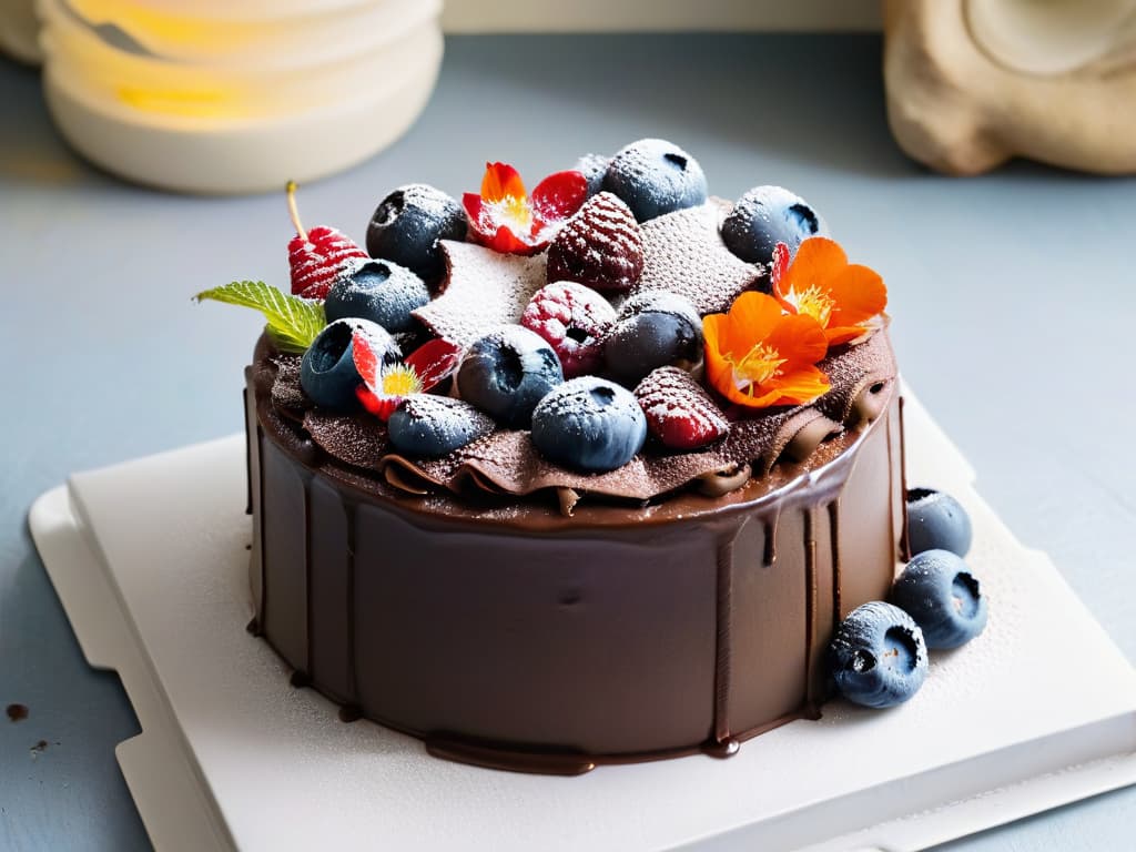  A closeup, ultradetailed image of a beautifully crafted vegan chocolate cake topped with fresh berries and edible flowers, set on a sleek, white ceramic plate. The cake is perfectly frosted with a smooth, glossy finish, and the vibrant colors of the fruits and flowers create a stunning visual contrast against the rich, dark chocolate. The image captures the intricate details of the dessert, showcasing the artistry and elegance of sustainable vegan baking. hyperrealistic, full body, detailed clothing, highly detailed, cinematic lighting, stunningly beautiful, intricate, sharp focus, f/1. 8, 85mm, (centered image composition), (professionally color graded), ((bright soft diffused light)), volumetric fog, trending on instagram, trending on tumblr, HDR 4K, 8K