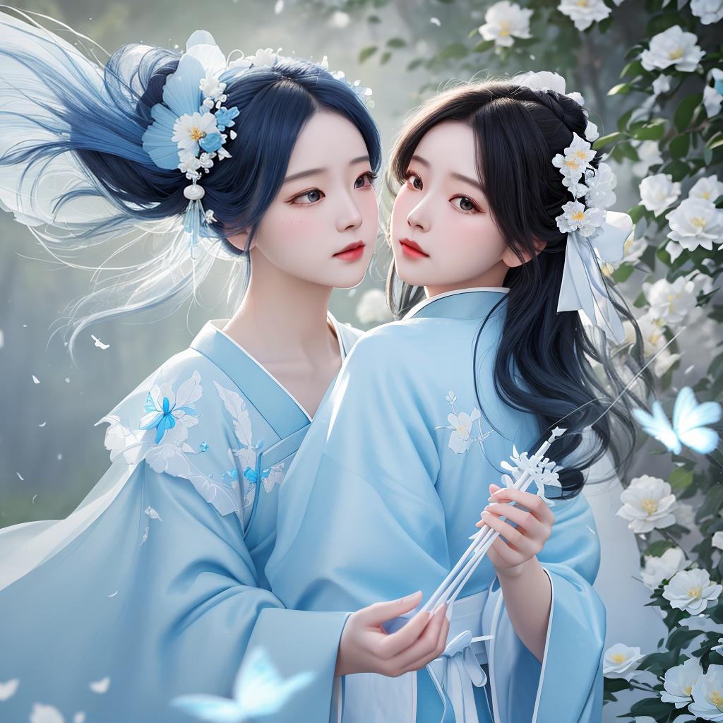  masterpiece, best quality, (Fidelity: 1.4), Best Quality, Masterpiece, Ultra High Resolution, Poster, Fantasy Art, Very Detailed Faces, 8k resolution, Chinese Style, An woman, Side Face, Quiet, Light Blue Hanfu, Tulle Coat, Long Black Hair, Light Blue Fringed Hair Ornament, Hairpin, White Ribbon, White Flower Bush, Light Blue Butterfly Flying, cinematic lighting effects