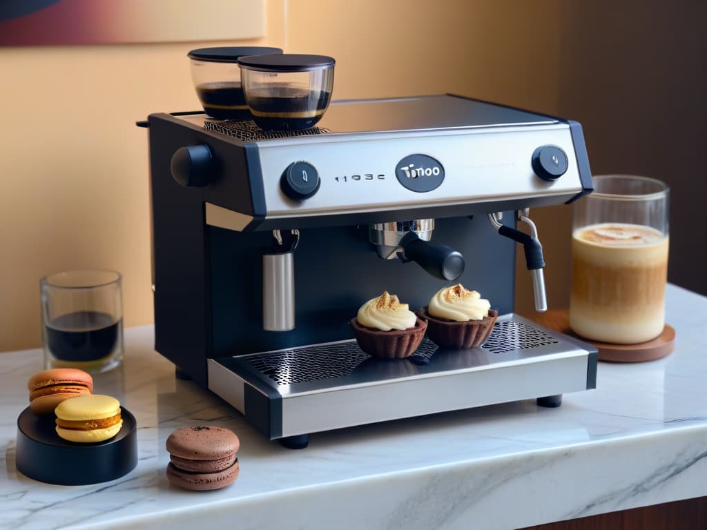  An ultradetailed photorealistic image of a sleek, modern espresso machine standing on a marble countertop next to a variety of decadent desserts like tiramisu, chocolate lava cake, and macarons. Steam gently rises from the machine as it brews a perfect shot of espresso, with the rich aroma filling the air. The setting is elegant and sophisticated, evoking a sense of luxury and indulgence. hyperrealistic, full body, detailed clothing, highly detailed, cinematic lighting, stunningly beautiful, intricate, sharp focus, f/1. 8, 85mm, (centered image composition), (professionally color graded), ((bright soft diffused light)), volumetric fog, trending on instagram, trending on tumblr, HDR 4K, 8K