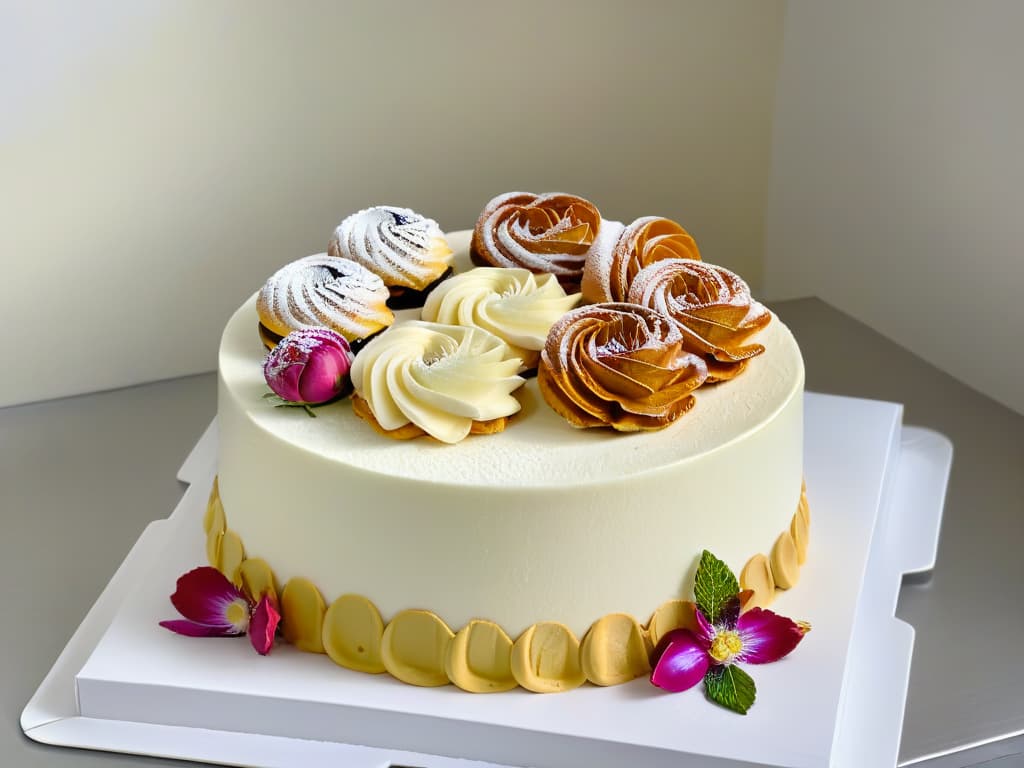  A highresolution, ultradetailed image of a sleek, modern kitchen counter showcasing a variety of beautifully decorated pastries and cakes. The pastries are intricately designed with precision, featuring delicate swirls of frosting, vibrant edible flowers, and elegant gold leaf accents. The image captures the seamless integration of digital design software in the art of pastry making, highlighting the precise and artistic nature of modern baking techniques. hyperrealistic, full body, detailed clothing, highly detailed, cinematic lighting, stunningly beautiful, intricate, sharp focus, f/1. 8, 85mm, (centered image composition), (professionally color graded), ((bright soft diffused light)), volumetric fog, trending on instagram, trending on tumblr, HDR 4K, 8K