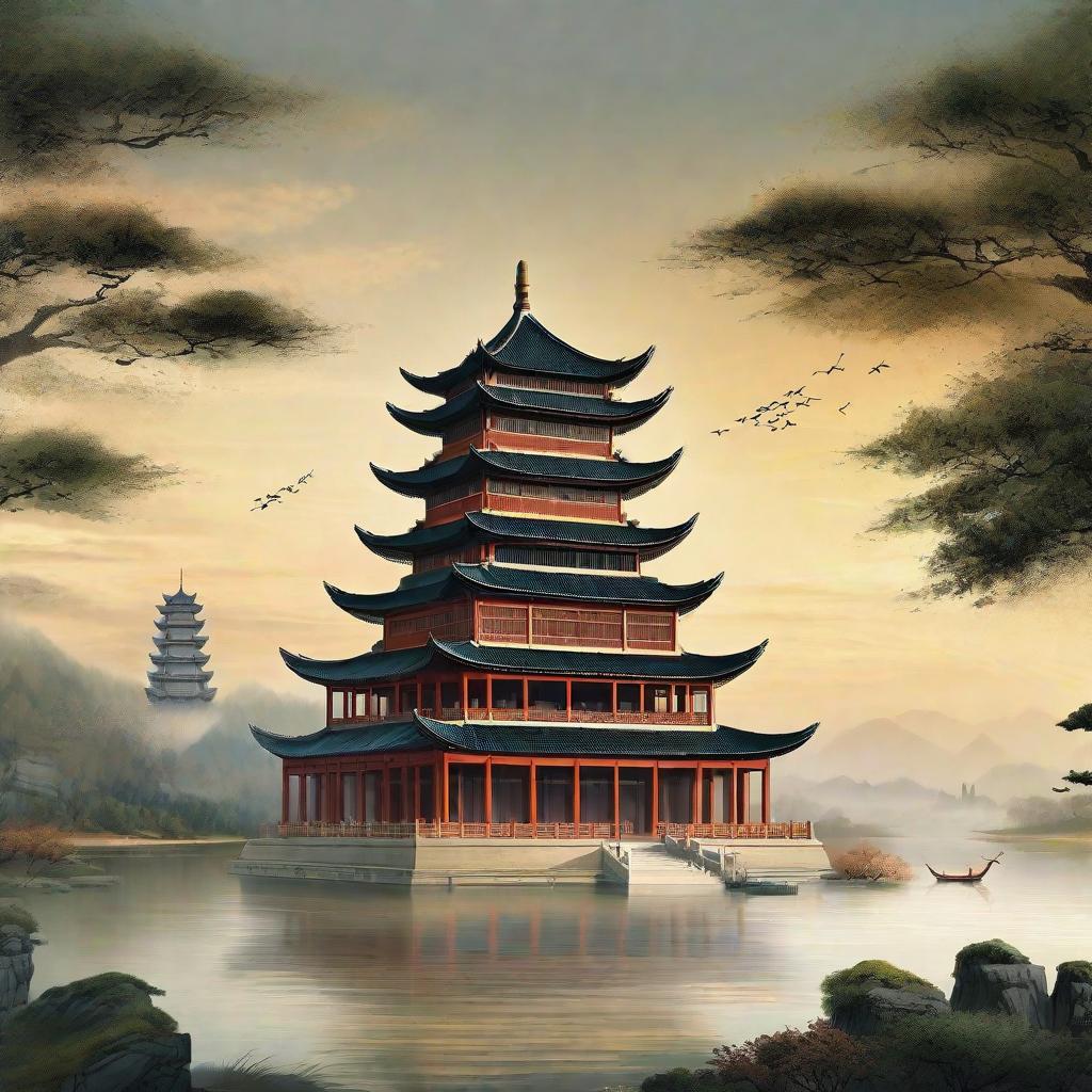  masterpiece, best quality,Draw me a picture of the tower of Tang Dynasty, highlighting the grandeur of the tower and the feeling of people coming and going