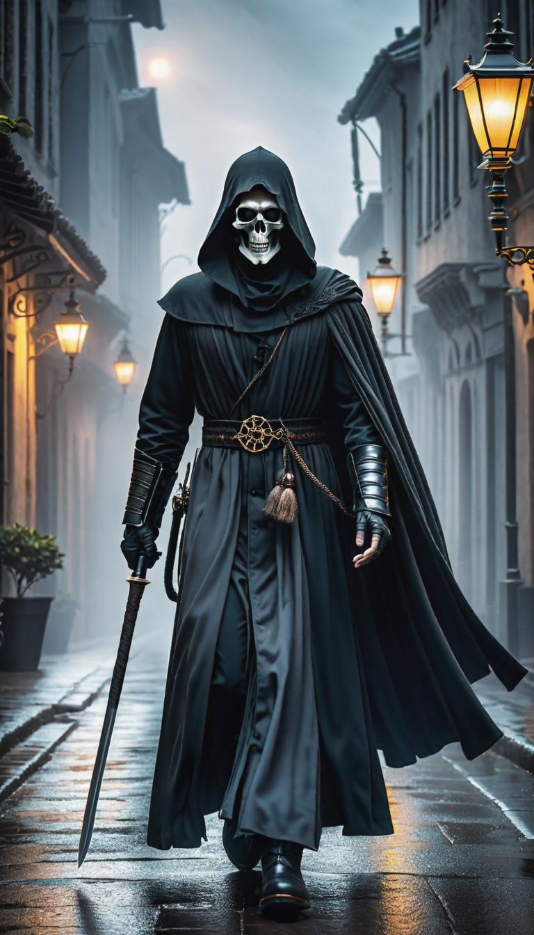  gothic style depiction of a grim reaper. Dark, mysterious, scary, haunting, dramatic, ornate, detailed. . dark, mysterious, haunting, dramatic, ornate, detailed, hyperrealistic, full body, detailed clothing, highly detailed, cinematic lighting, stunningly beautiful, intricate, sharp focus, f/1. 8, 85mm, (centered image composition), (professionally color graded), ((bright soft diffused light)), volumetric fog, trending on instagram, trending on tumblr, HDR 4K, 8K