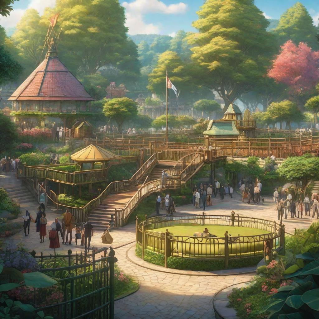  The picture shows a large playground next to a garden surrounded by a fence. Behind the fence there are many people., anime concept art by Hayao Miyazaki, featured on pixiv, fantasy art, concept art, official art, high detailed hyperrealistic, full body, detailed clothing, highly detailed, cinematic lighting, stunningly beautiful, intricate, sharp focus, f/1. 8, 85mm, (centered image composition), (professionally color graded), ((bright soft diffused light)), volumetric fog, trending on instagram, trending on tumblr, HDR 4K, 8K