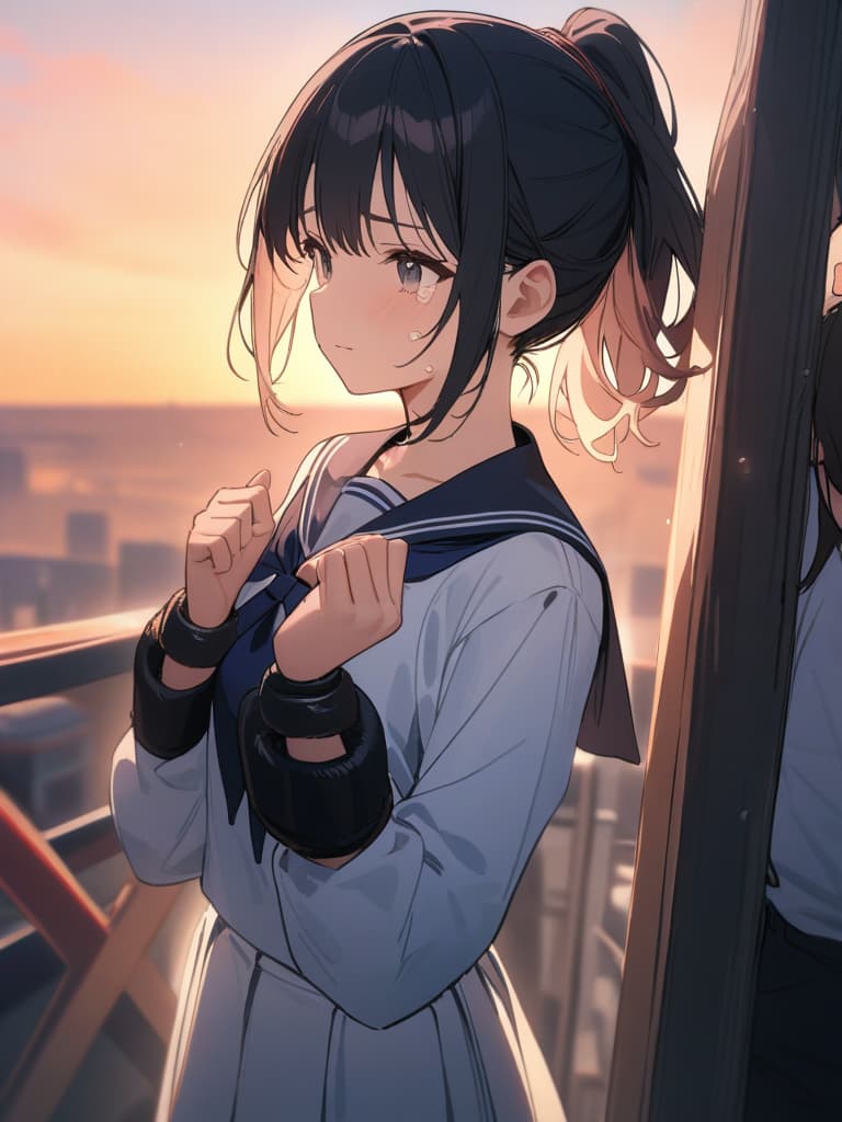  Gles, black hair, id, sober wearing gles in a sailor suit, , inserted into , , big s, crying, sunset, clroom, , , both hands are restrained in . It is hung and hung, masterpiece, best quality,8k,ultra detailed,high resolution,an extremely delicate and beautiful,hyper detail