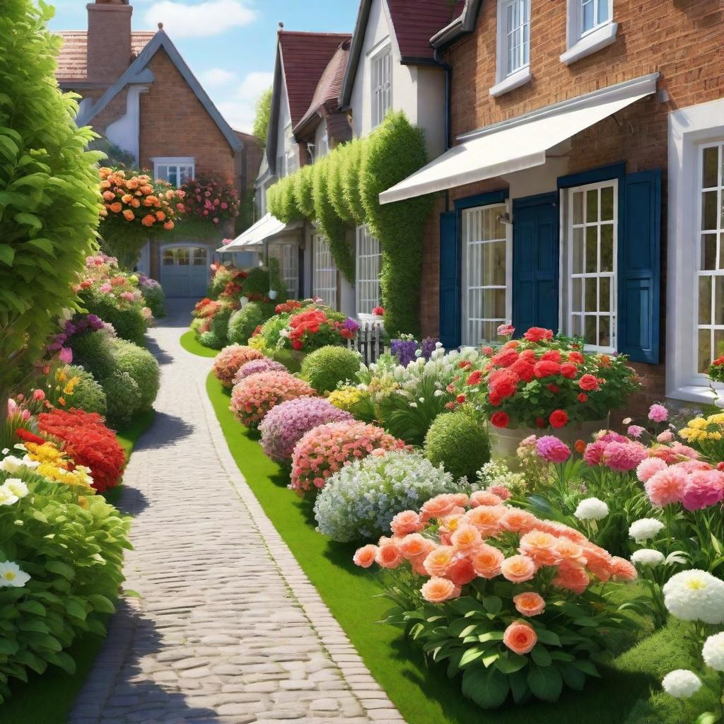  Create a 3D animated image of a beautiful suburban street with vibrant flowers growing on the sides. The animation should give a sense of movement, as if we are slowly going through the street. The houses should have a charming and cozy design, with well-maintained lawns and gardens. It should be a sunny day with a clear blue sky, giving an overall feeling of warmth and happiness. hyperrealistic, full body, detailed clothing, highly detailed, cinematic lighting, stunningly beautiful, intricate, sharp focus, f/1. 8, 85mm, (centered image composition), (professionally color graded), ((bright soft diffused light)), volumetric fog, trending on instagram, trending on tumblr, HDR 4K, 8K