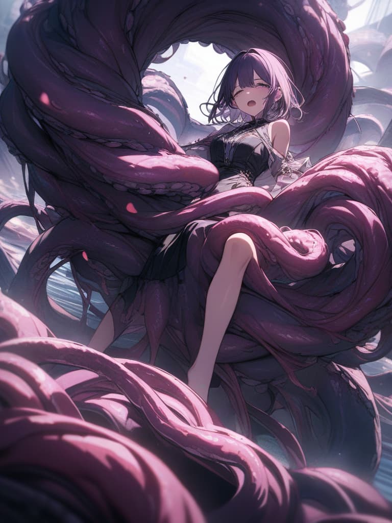  Tentacles, short hair, crying face, girl, purple hair, tentacle winding, open mouth, purple, whole body, masterpiece, best quality,8k,ultra detailed,high resolution,an extremely delicate and beautiful,hyper detail