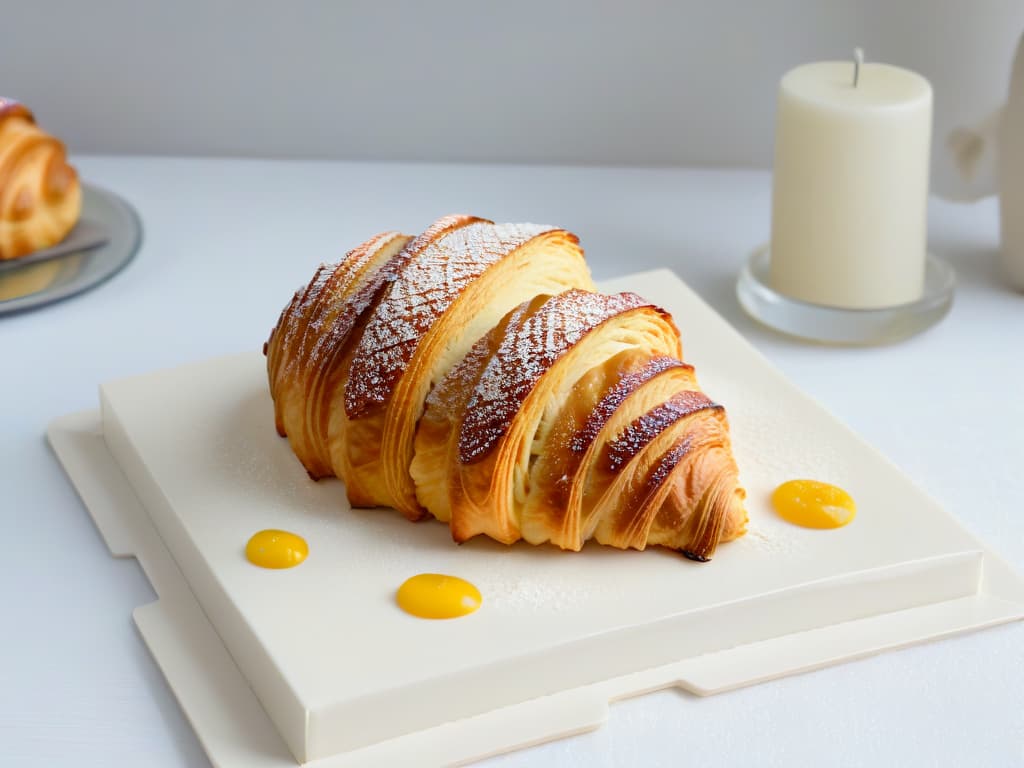  A closeup, ultradetailed image of a delicate almond croissant on a sleek, modern plate. The croissant is perfectly golden and flaky, with visible layers of pastry, and is generously filled with almond paste that's oozing out slightly. The plate rests on a dark stone countertop, showcasing the intricate textures and inviting, warm colors of the pastry. hyperrealistic, full body, detailed clothing, highly detailed, cinematic lighting, stunningly beautiful, intricate, sharp focus, f/1. 8, 85mm, (centered image composition), (professionally color graded), ((bright soft diffused light)), volumetric fog, trending on instagram, trending on tumblr, HDR 4K, 8K