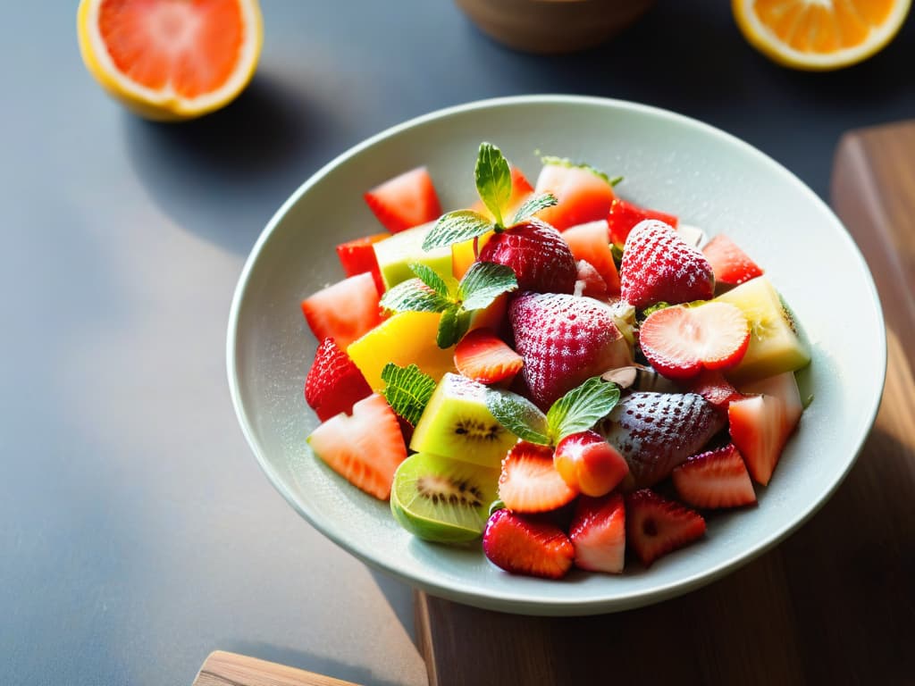  A closeup, ultrahighresolution image of a vibrant, colorful fruit salad arranged meticulously in a sleek, modern bowl. The fruits, including ripe strawberries, juicy watermelon cubes, refreshing mint leaves, and zesty citrus slices, are artfully displayed to showcase their freshness and natural beauty. Light reflects off the glistening surfaces, emphasizing the freshness and inviting nature of the dessert. The composition is simple yet elegant, perfectly capturing the essence of the article's focus on fresh, nobake desserts in a visually striking and minimalistic way. hyperrealistic, full body, detailed clothing, highly detailed, cinematic lighting, stunningly beautiful, intricate, sharp focus, f/1. 8, 85mm, (centered image composition), (professionally color graded), ((bright soft diffused light)), volumetric fog, trending on instagram, trending on tumblr, HDR 4K, 8K