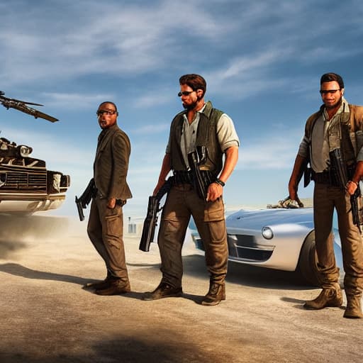  free fire squad hyperrealistic, full body, detailed clothing, highly detailed, cinematic lighting, stunningly beautiful, intricate, sharp focus, f/1. 8, 85mm, (centered image composition), (professionally color graded), ((bright soft diffused light)), volumetric fog, trending on instagram, trending on tumblr, HDR 4K, 8K