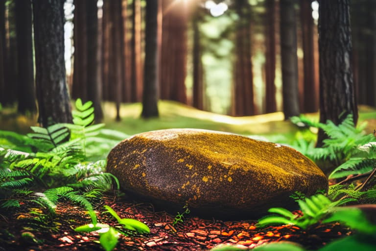  blur background forest stone sunlight nd medicine and water please include yellow honeysuckle into the picture, if it works aesthetically