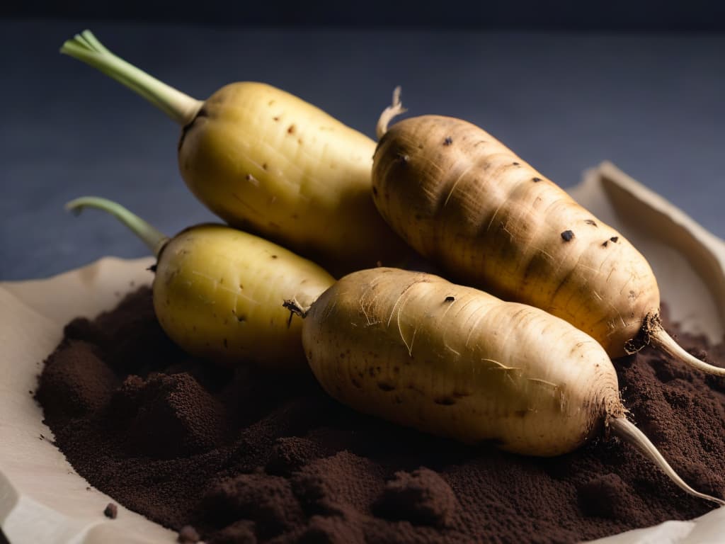  An ultradetailed closeup image of a freshly harvested yacón tuber, showcasing its intricate root system covered in rich soil particles. The tuber's earthy tones contrast beautifully with the dark, fertile soil, highlighting the natural textures and patterns of this Andean sweet root vegetable. The image captures the essence of yacón's origin and purity, embodying the connection between nature and the wholesome sweetness it provides for natural baking alternatives. hyperrealistic, full body, detailed clothing, highly detailed, cinematic lighting, stunningly beautiful, intricate, sharp focus, f/1. 8, 85mm, (centered image composition), (professionally color graded), ((bright soft diffused light)), volumetric fog, trending on instagram, trending on tumblr, HDR 4K, 8K