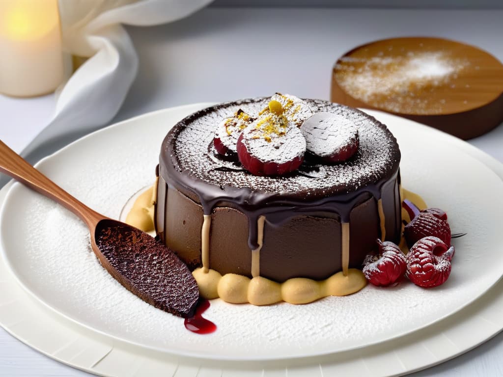  A closeup, ultradetailed image of a perfectly balanced gourmet dessert: a decadent chocolate lava cake topped with a delicate drizzle of raspberry coulis, a sprinkle of gold leaf, and a single fresh raspberry perched on top. The cake sits elegantly on a pristine white plate, with a dusting of powdered sugar creating a contrast against the rich, glossy chocolate exterior. The focus is on the intricate textures and vibrant colors of the dessert, showcasing the artistry and indulgence of gourmet pastry while hinting at the harmony of flavors and ingredients that promote both wellness and delight. hyperrealistic, full body, detailed clothing, highly detailed, cinematic lighting, stunningly beautiful, intricate, sharp focus, f/1. 8, 85mm, (centered image composition), (professionally color graded), ((bright soft diffused light)), volumetric fog, trending on instagram, trending on tumblr, HDR 4K, 8K