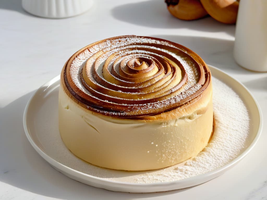  A closeup, ultradetailed image of a freshly baked cinnamon roll with a light dusting of powdered sugar on top, placed on a sleek, modern white plate. The cinnamon roll is perfectly goldenbrown, with visible layers of fluffy dough swirled with cinnamon sugar. The plate rests on a pristine marble countertop, and soft natural light gently illuminates the scene, highlighting the texture and inviting aroma of the pastry. hyperrealistic, full body, detailed clothing, highly detailed, cinematic lighting, stunningly beautiful, intricate, sharp focus, f/1. 8, 85mm, (centered image composition), (professionally color graded), ((bright soft diffused light)), volumetric fog, trending on instagram, trending on tumblr, HDR 4K, 8K