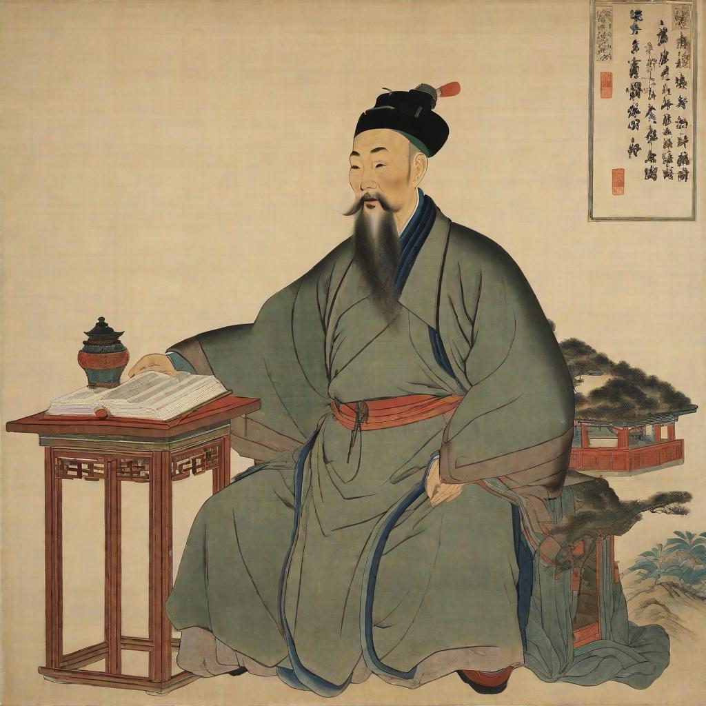  Qing Dynasty, old age, scholar, two moustaches and a beard, holding a book in his hand, dressed plainly