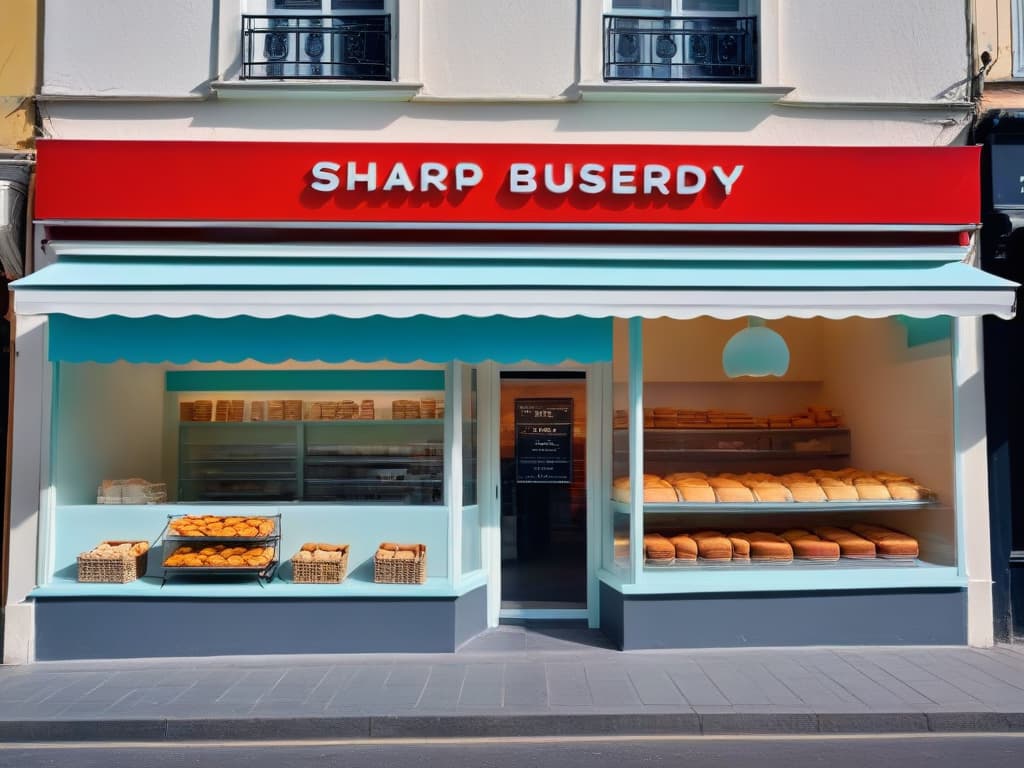  A minimalist, ultradetailed image of a sleek, modern bakery storefront with strategic branding elements like a signboard featuring standout typography, a color palette of soft pastels with a pop of vibrant color, and a strategically placed logo on the window showcasing sophistication and innovation in pastry design. hyperrealistic, full body, detailed clothing, highly detailed, cinematic lighting, stunningly beautiful, intricate, sharp focus, f/1. 8, 85mm, (centered image composition), (professionally color graded), ((bright soft diffused light)), volumetric fog, trending on instagram, trending on tumblr, HDR 4K, 8K