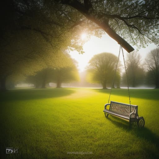  peaceful spring with meadows blooming and swings loaded with flowers , hyperrealistic, high quality, highly detailed, cinematic lighting, intricate, sharp focus, f/1. 8, 85mm, (centered image composition), (professionally color graded), ((bright soft diffused light)), volumetric fog, trending on instagram, HDR 4K, 8K