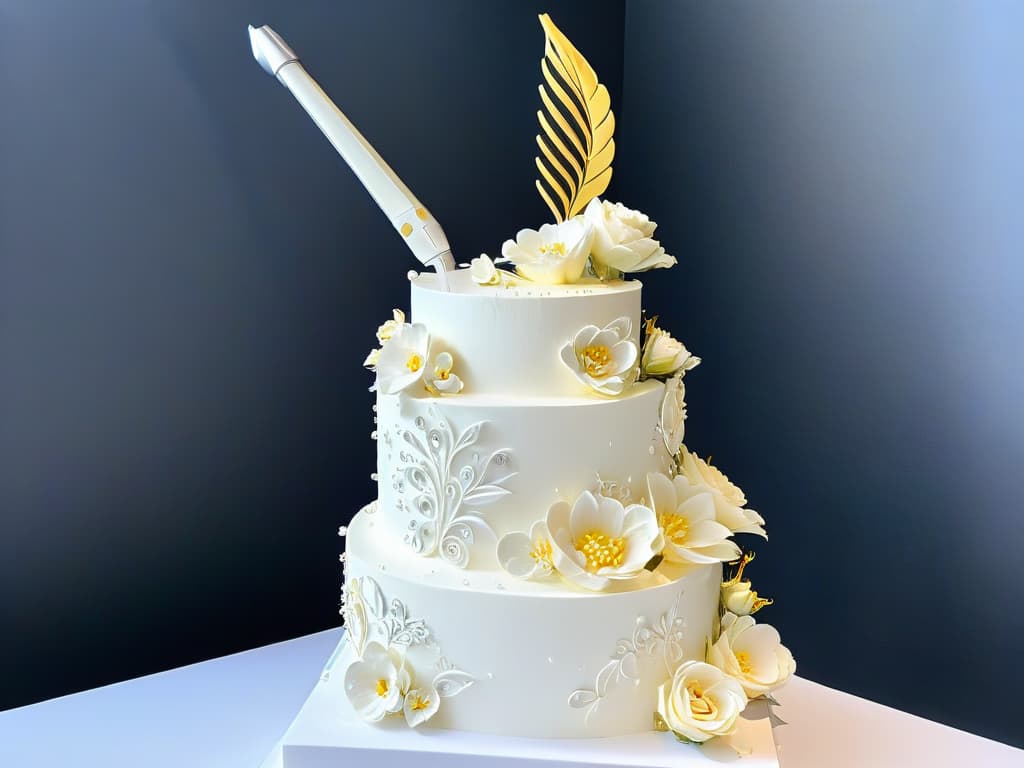  An intricately detailed and photorealistic image of a futuristic robotic arm delicately piping intricate designs onto a multitiered wedding cake. The robotic arm is sleek and silver, with advanced technology visible in its intricate movements as it creates perfectly symmetrical and precise patterns on the cake's surface. The cake itself is a masterpiece, adorned with edible gold leaf and delicate sugar flowers, showcasing the seamless blend of technology and artistry in the future of pastry making. hyperrealistic, full body, detailed clothing, highly detailed, cinematic lighting, stunningly beautiful, intricate, sharp focus, f/1. 8, 85mm, (centered image composition), (professionally color graded), ((bright soft diffused light)), volumetric fog, trending on instagram, trending on tumblr, HDR 4K, 8K