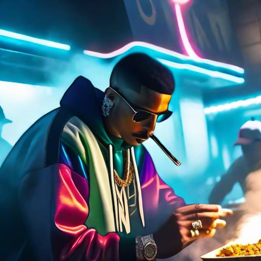  A image of someone cooking crack who is iced out in jewelry smoking a blunt hyperrealistic, full body, detailed clothing, highly detailed, cinematic lighting, stunningly beautiful, intricate, sharp focus, f/1. 8, 85mm, (centered image composition), (professionally color graded), ((bright soft diffused light)), volumetric fog, trending on instagram, trending on tumblr, HDR 4K, 8K