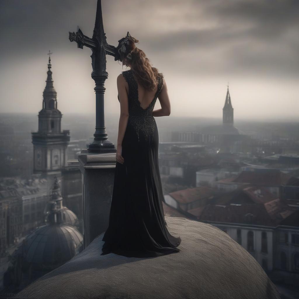  Sad beauty atop the bell tower in a black dress. hyperrealistic, full body, detailed clothing, highly detailed, cinematic lighting, stunningly beautiful, intricate, sharp focus, f/1. 8, 85mm, (centered image composition), (professionally color graded), ((bright soft diffused light)), volumetric fog, trending on instagram, trending on tumblr, HDR 4K, 8K