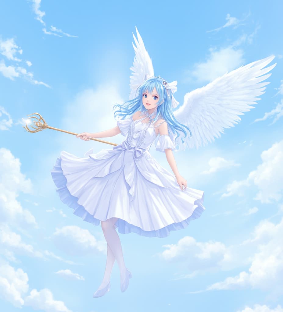  good quality, high quality, 1girl, white dress, blue hair, 2 pair of wings, floating in the sky, holding a magic stick