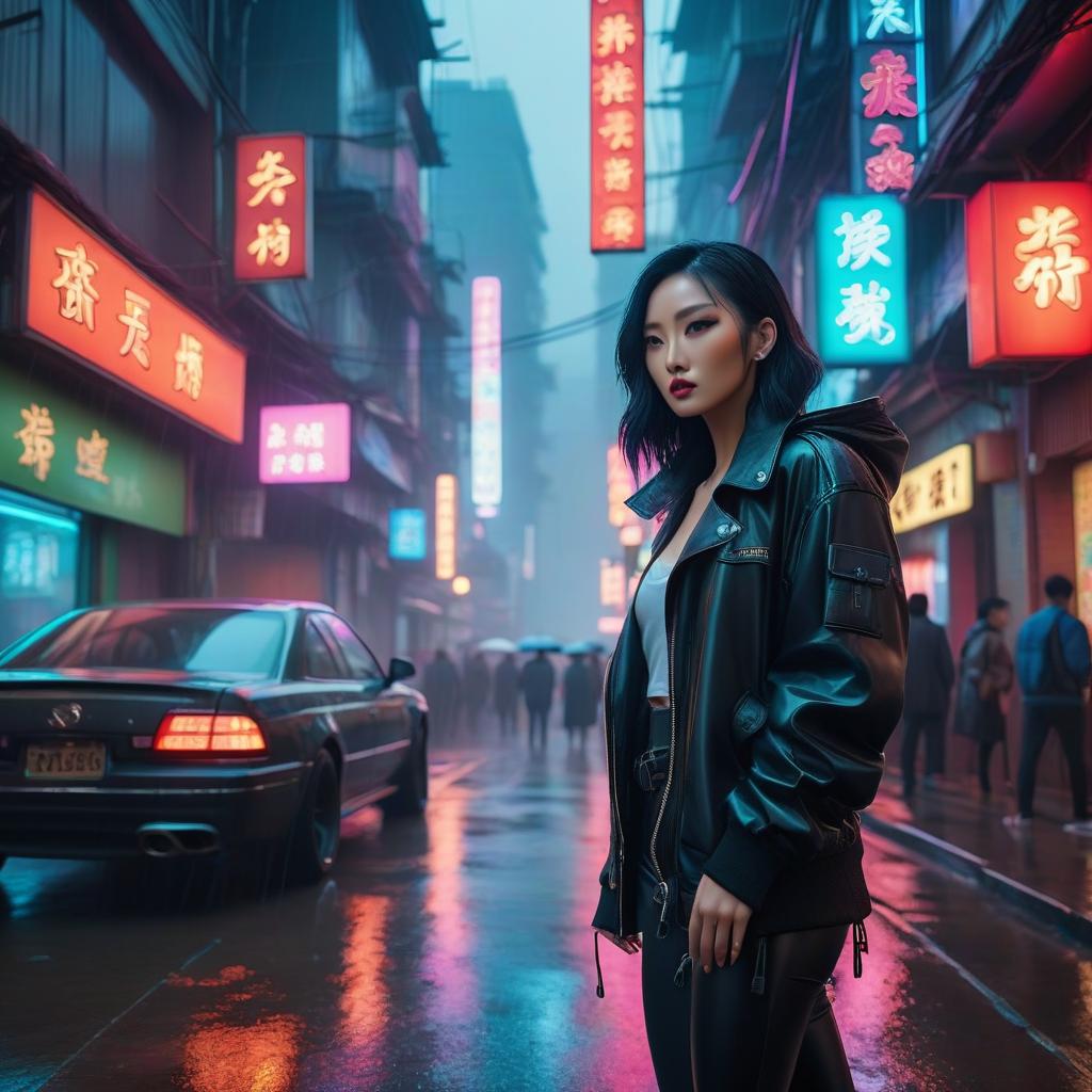  "Street in China, rainy weather under neon lights in a cyberpunk style, people in the background." hyperrealistic, full body, detailed clothing, highly detailed, cinematic lighting, stunningly beautiful, intricate, sharp focus, f/1. 8, 85mm, (centered image composition), (professionally color graded), ((bright soft diffused light)), volumetric fog, trending on instagram, trending on tumblr, HDR 4K, 8K