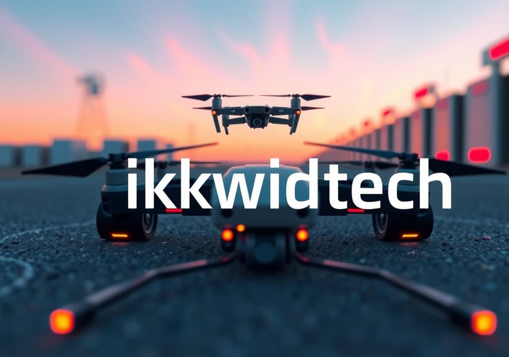  good quality, high quality, make a logo with the name "ikwidtech" in it with servers and fiber optic networking cables and fpv racing drones in the background