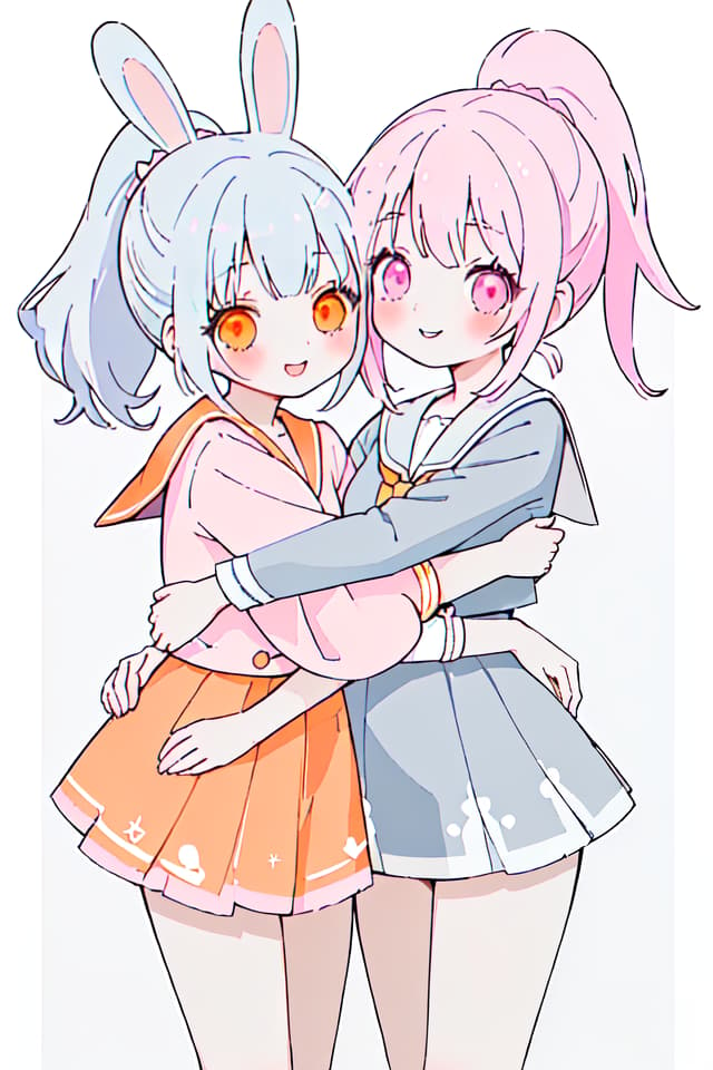  Rabbit ears,friends,smiles,beautiful girls,2 people,(orange eyes,light blue hair,perm,ponytail,),(pink eyes,gray hair,long hair,),cute,good friends,hugging each other,sailor suit,cuteRabbit ears,friends,smiles,beautiful girls,2 people,(orange eyes,light blue hair,perm,ponytail,),(pink eyes,gray hair,long hair,),cute,good friends,hugging each other,sailor suit,cute(absurd detailed:1.4、best quality:1.4、masterpiece:1.4)、The same height、